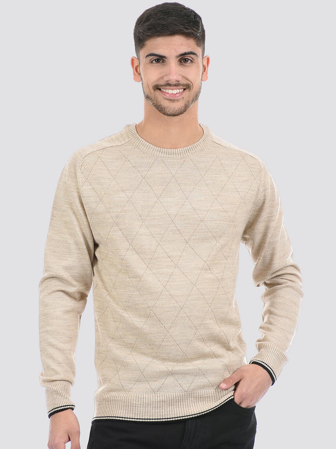 PORTOBELLO Argyle Self Design Pullover Sweater, Beige