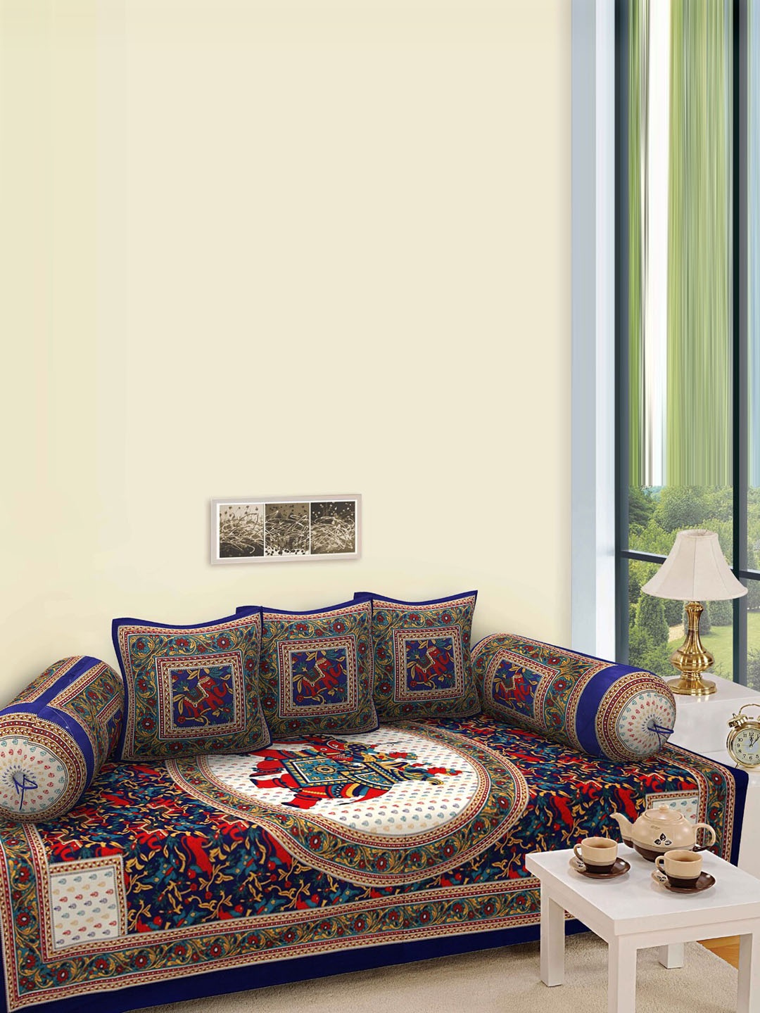 

Rajasthanikart Blue & Red 6 Pieces Ethnic Printed Pure Cotton Diwan Set