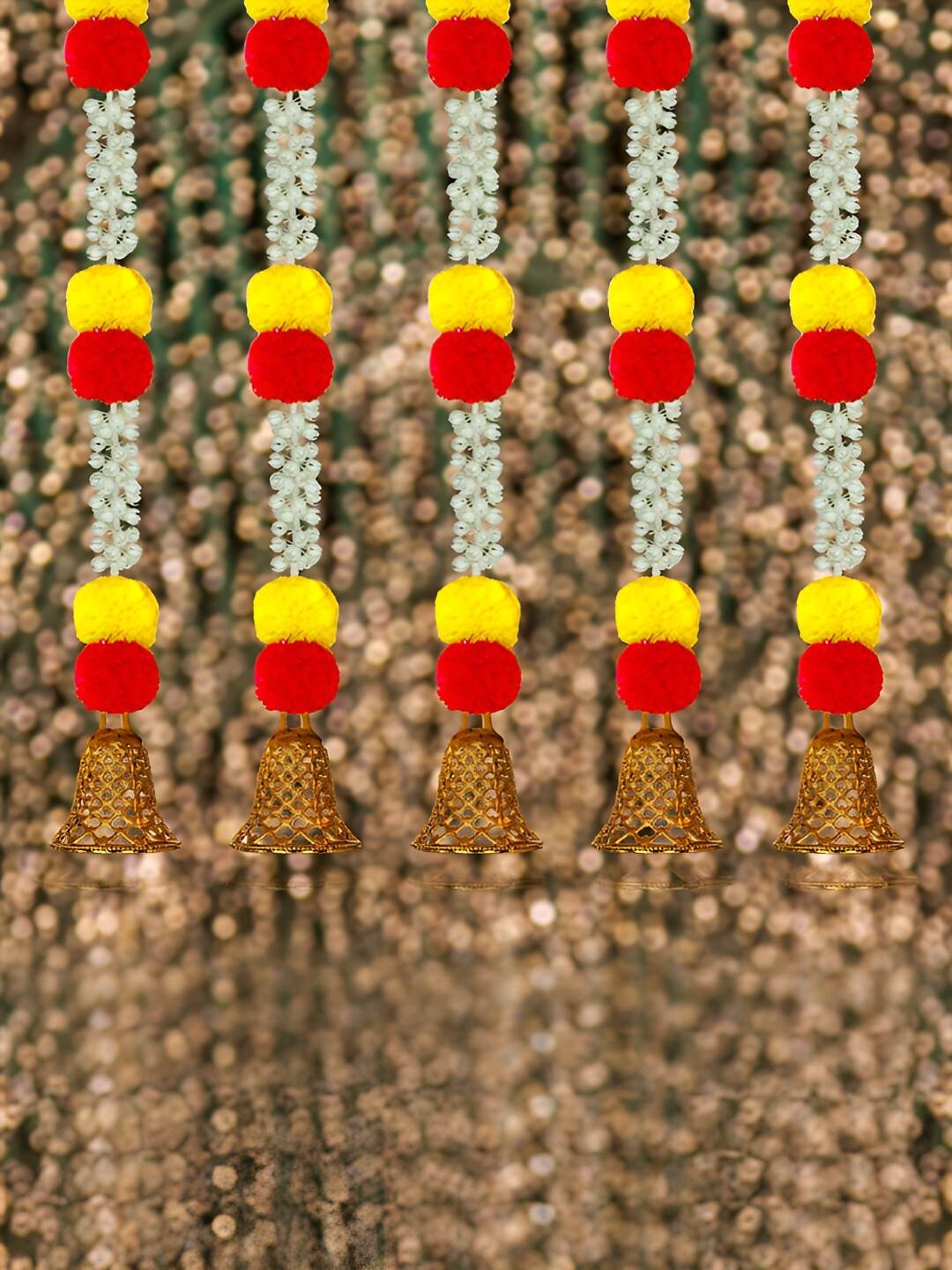 

iHandikart Yellow Red 10 Pieces Hanging Marigold With Jasmine Garland Artificial Flower
