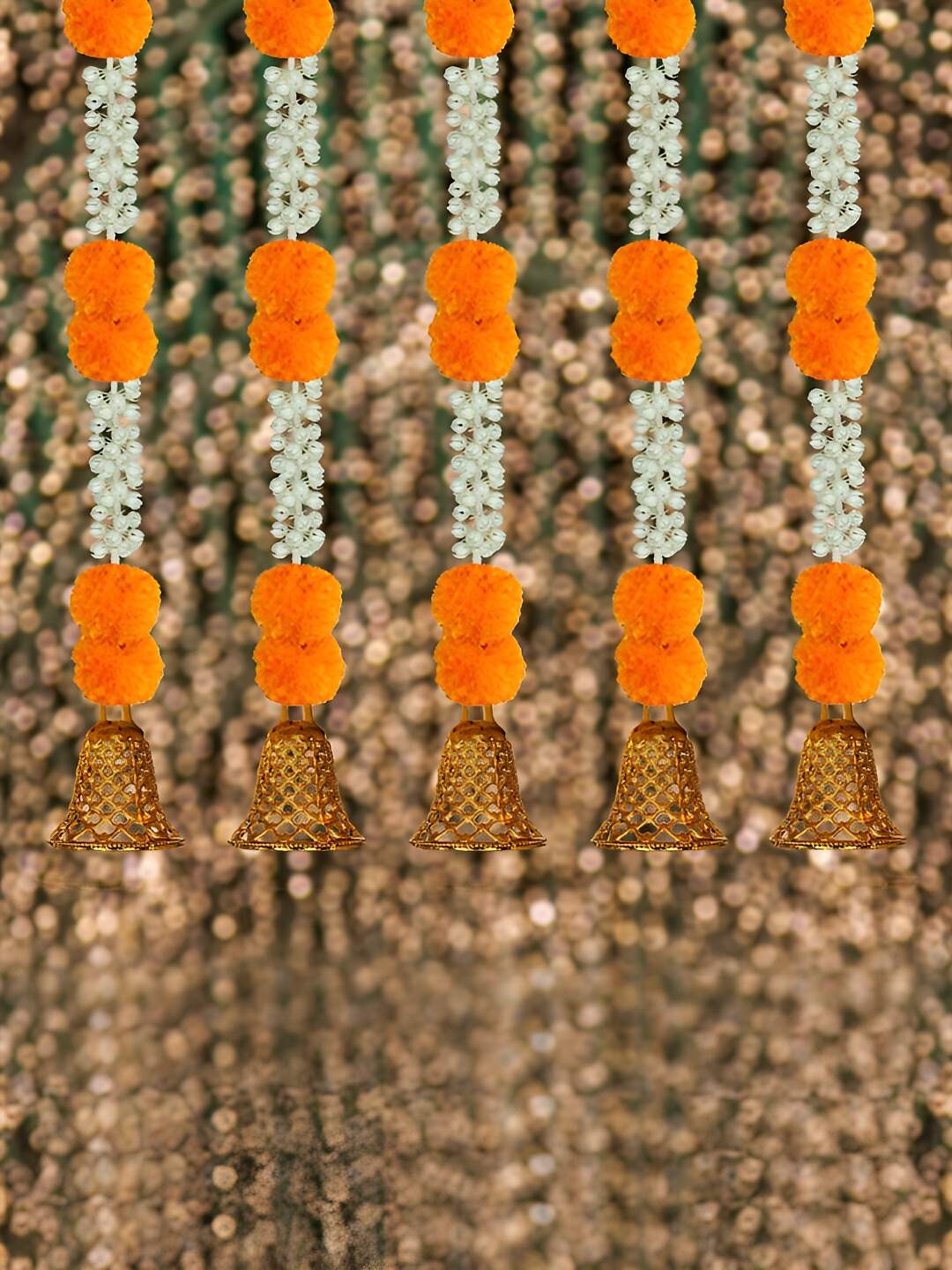 

iHandikart Orange White 5 Pieces Hanging Marigold With Jasmine Artificial Flower