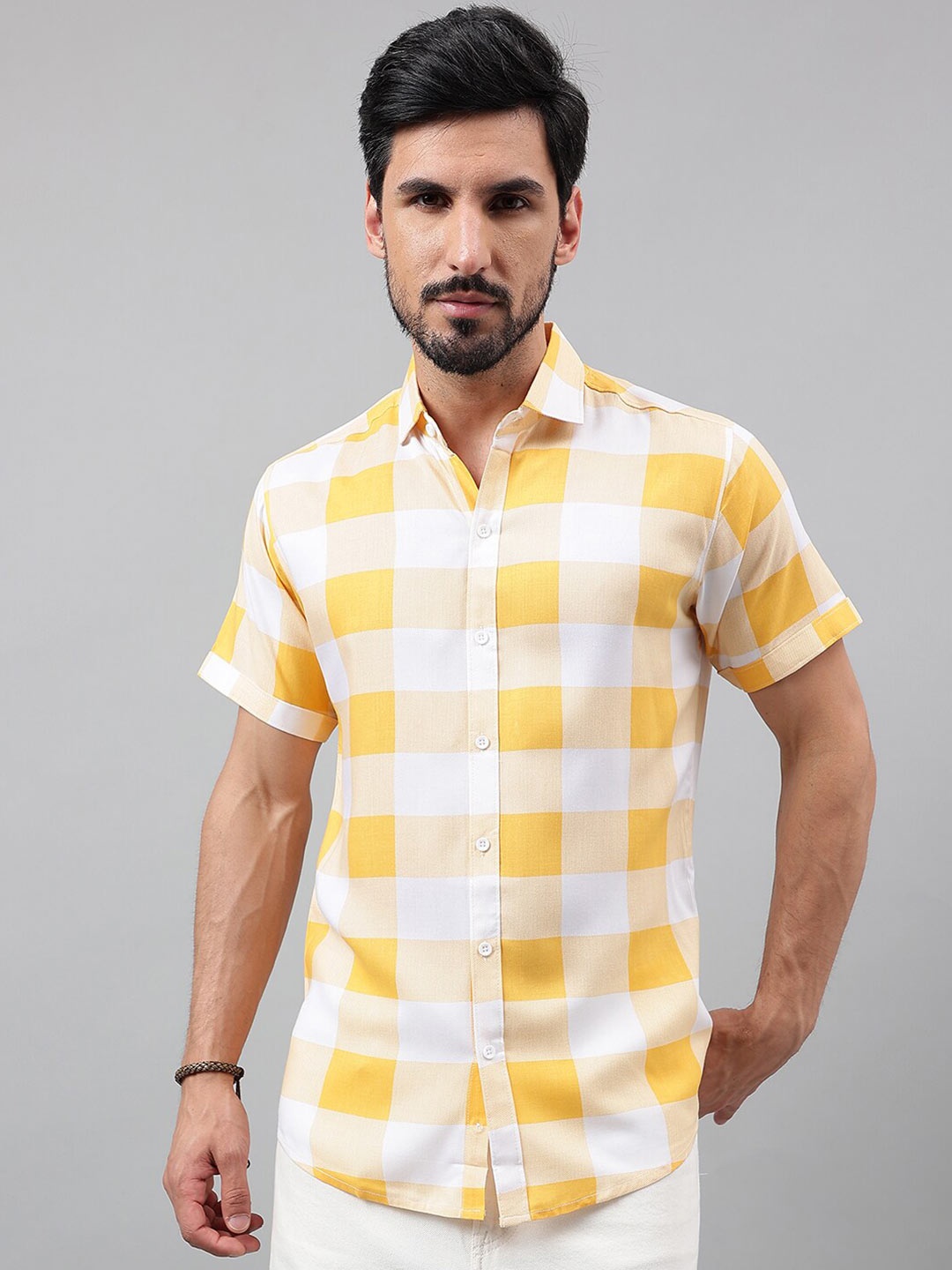 

Voroxy New Gingham Checked Printed Spread Collar Casual Shirt, Yellow