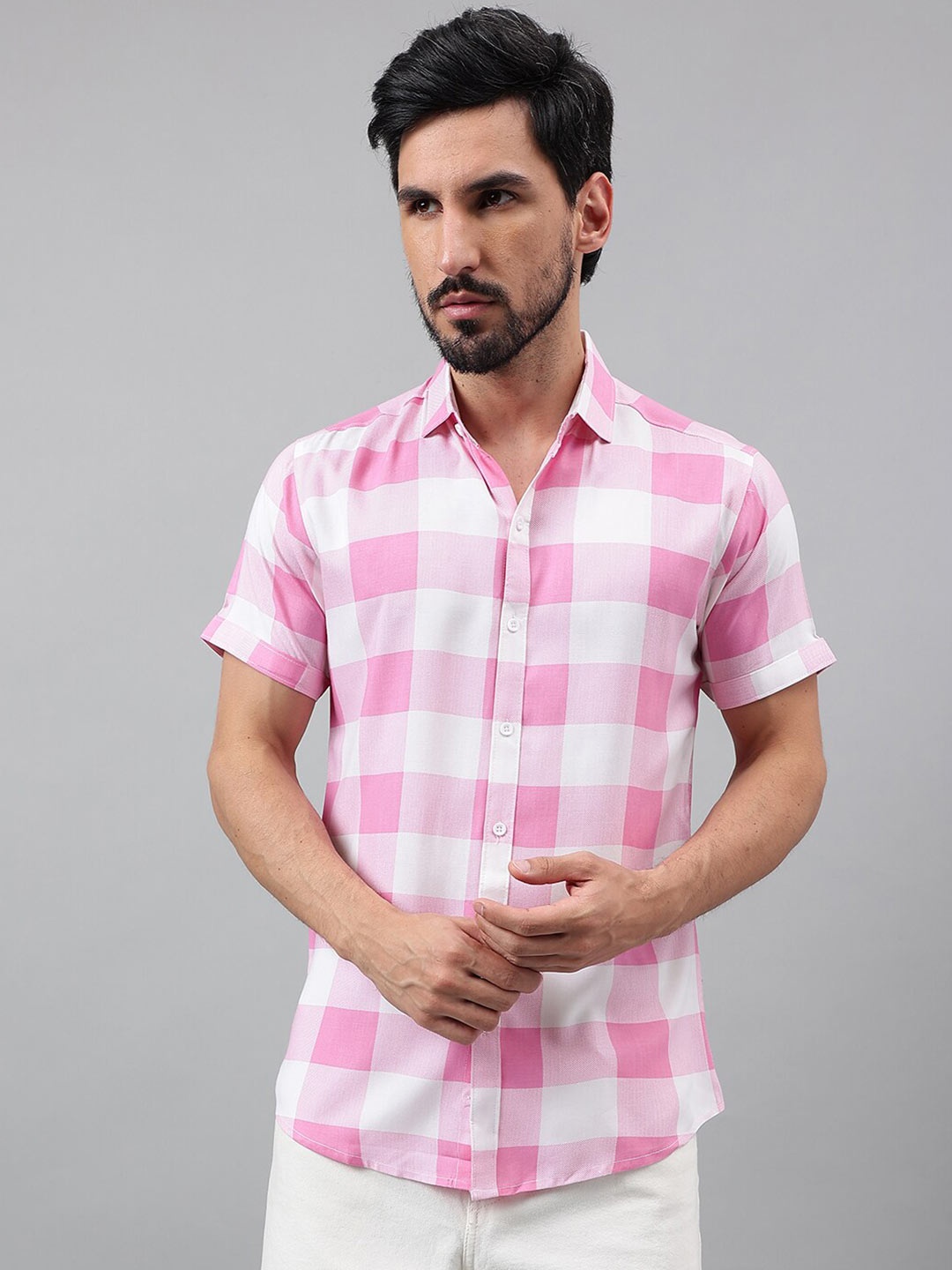 Voroxy New Buffalo Checked Spread Collar Short Sleeves Casual Shirt, Pink