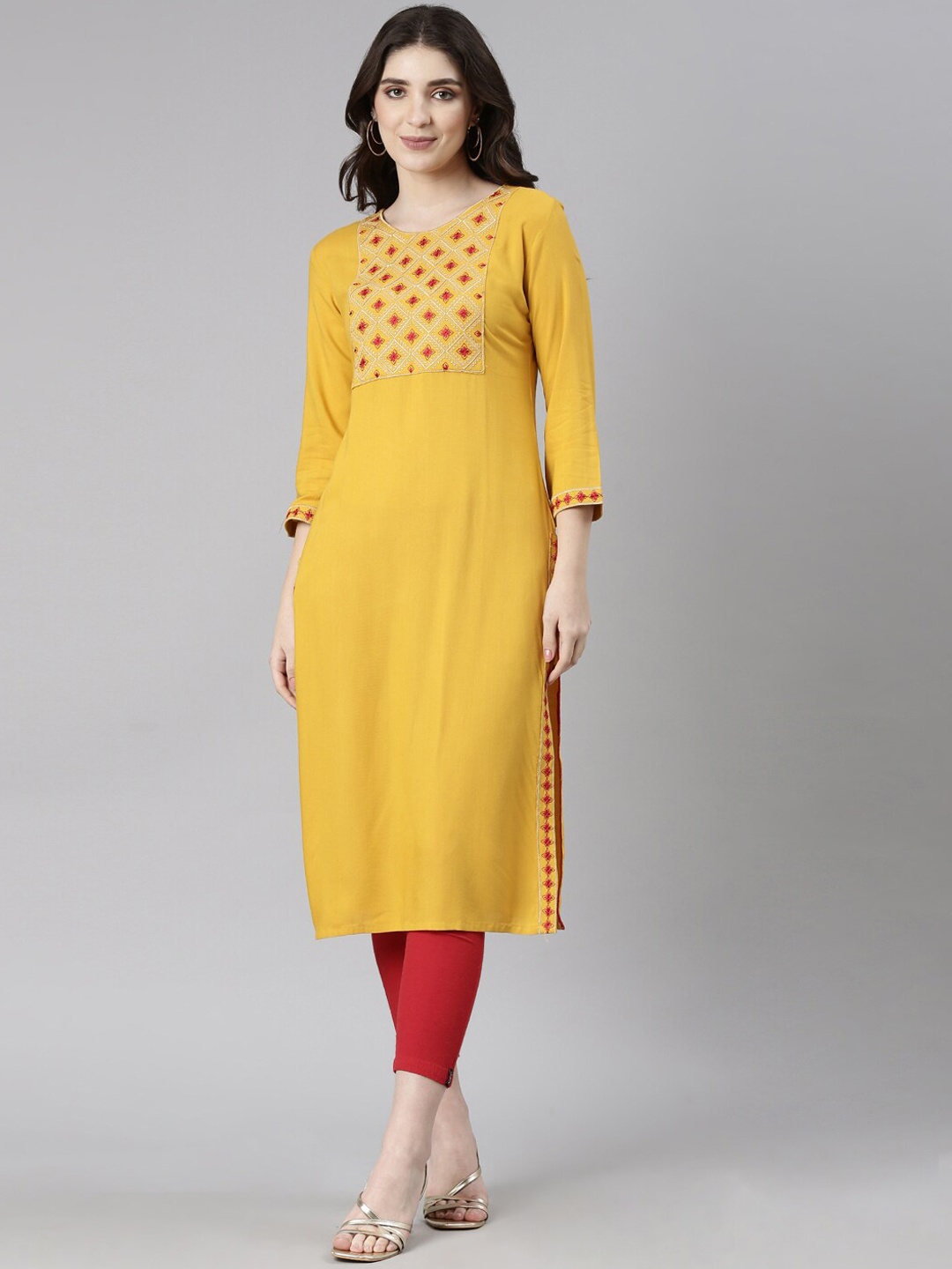

Souchii Ethnic Motifs Yoke Design Thread Work Straight Kurta, Mustard