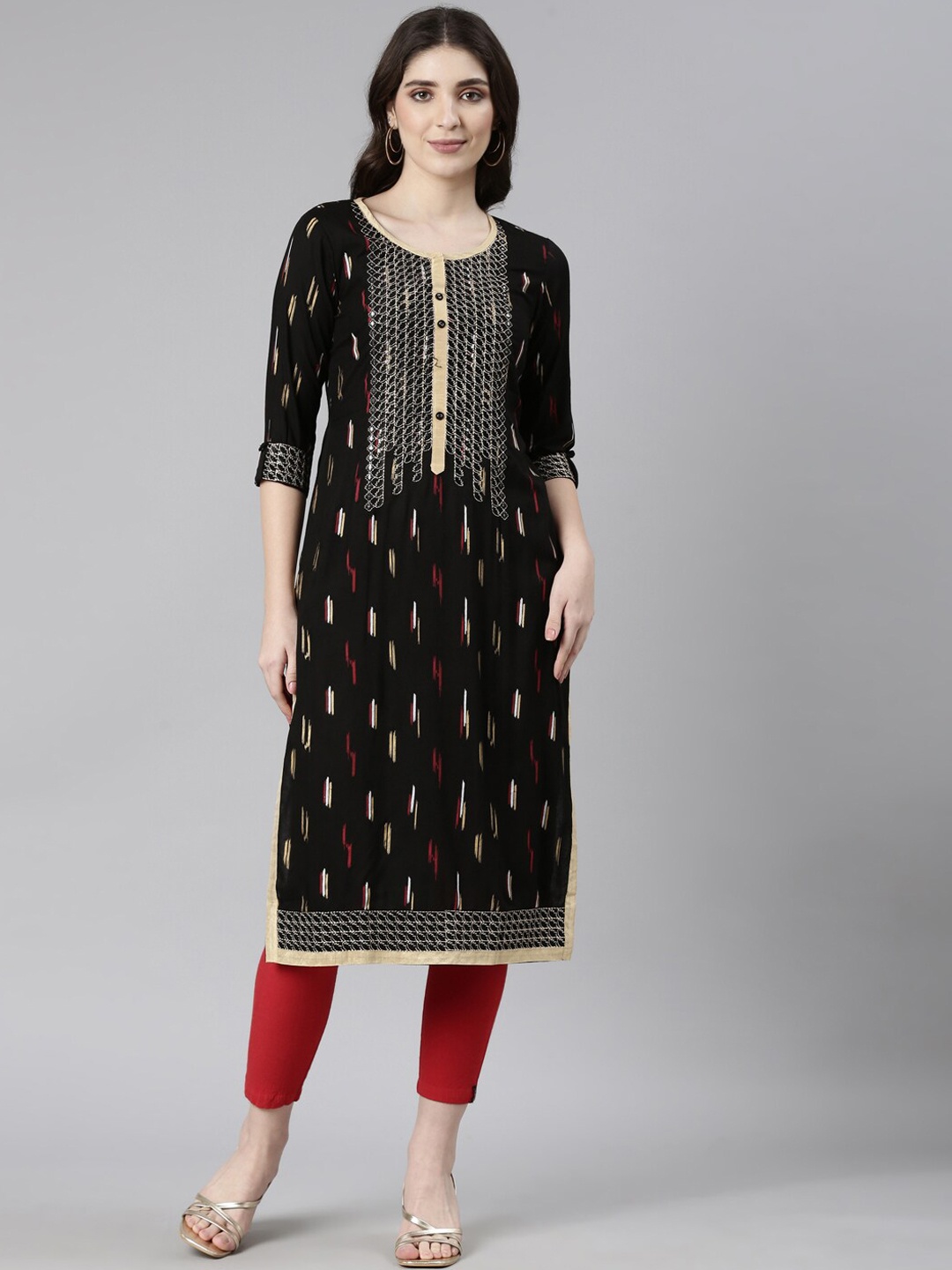 

Souchii Ethnic Motifs Yoke Design Thread Work Straight Kurta, Black