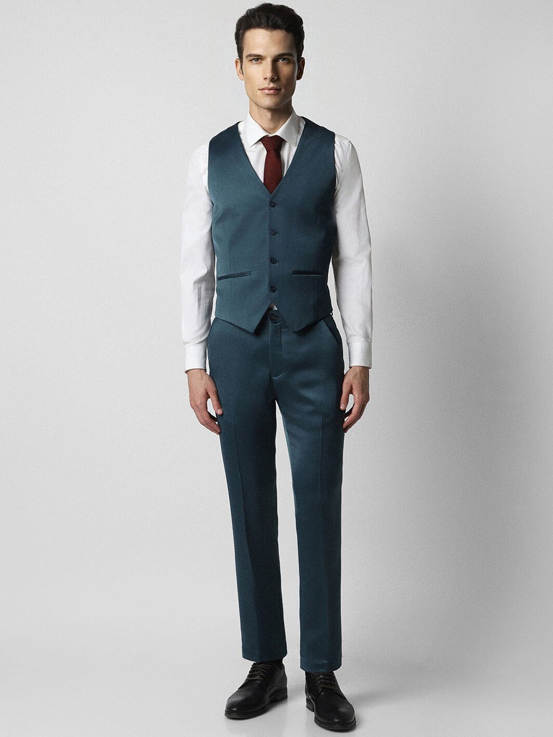 

V Dot Notched Lapel Long Sleeves Single-Breasted Slim Fit 3-Piece Suit, Blue