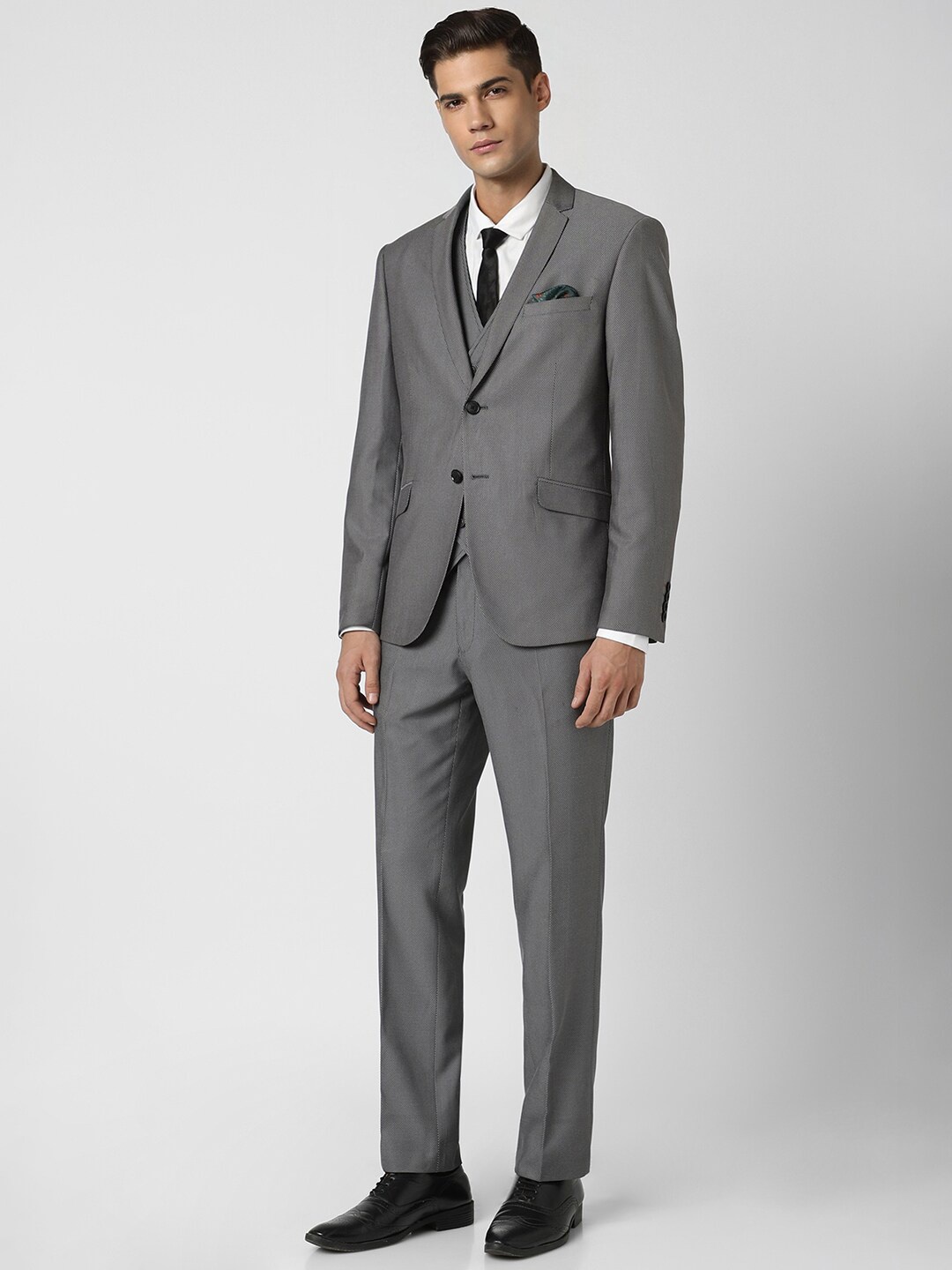 V Dot Notched Lapel Long Sleeves Single-Breasted Slim Fit 3-Piece Suit, Grey