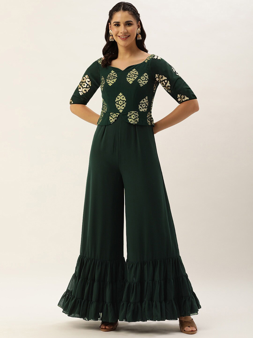 

Ethnovog Embroidered Sequinned Ruffles Basic Jumpsuit, Green