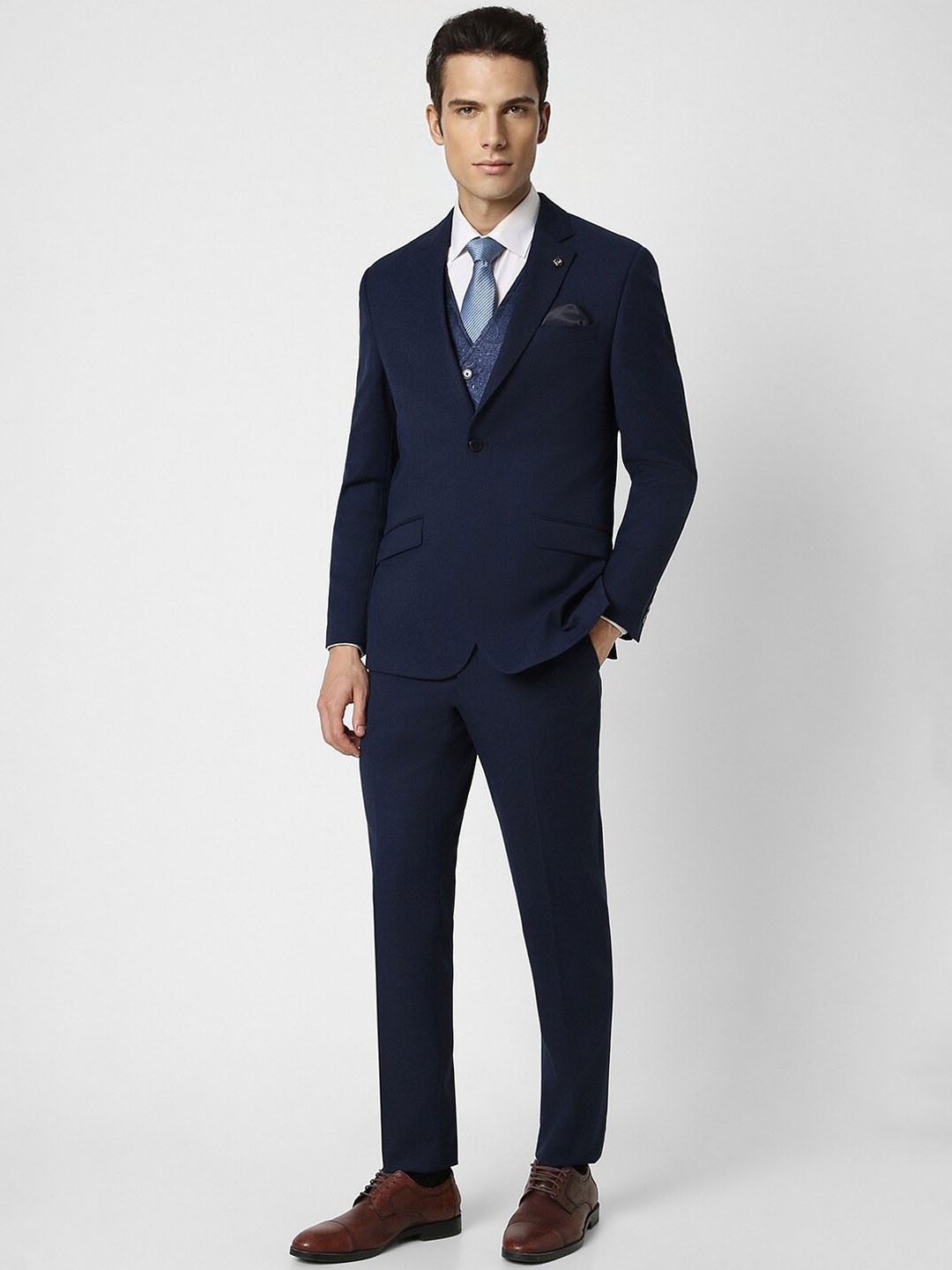 Van Heusen Textured Single-Breasted Slim-Fit 3-Piece Formal Suit, Navy blue
