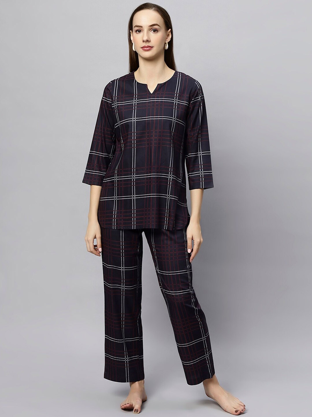 ETC Checked Three-Quarter Sleeves Top With Pyjamas, Navy blue