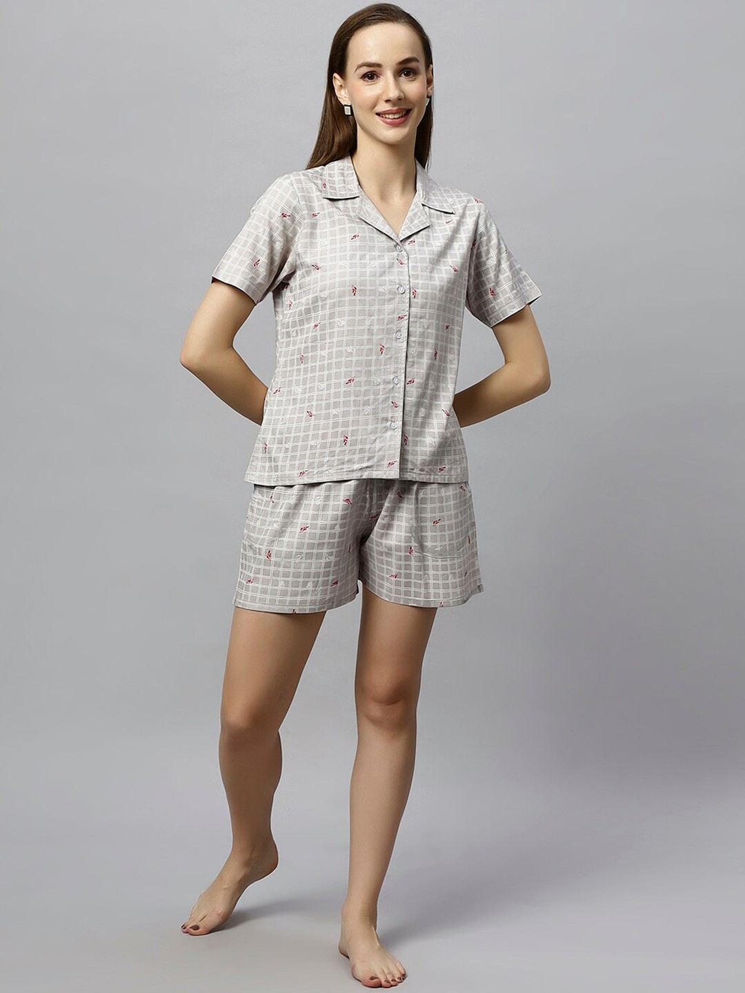 

ETC Checked Lapel Collar Shirt With Shorts, Grey
