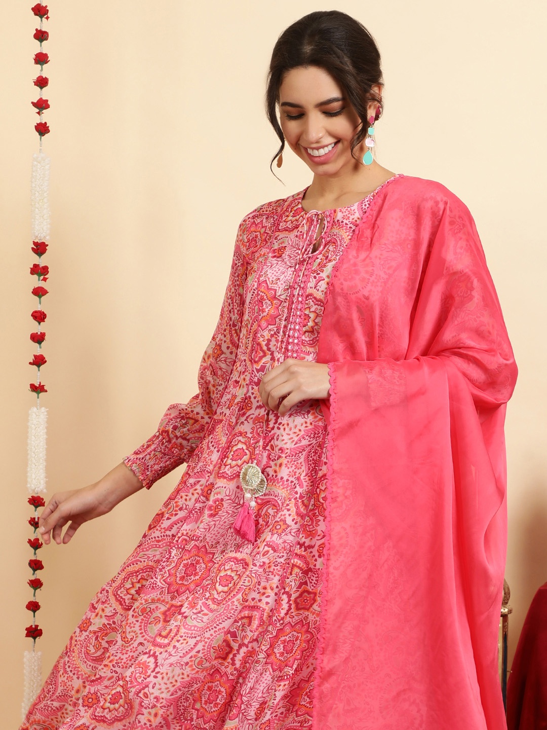 

Jaipur Kurti Ethnic Motifs Printed Anarkali Kurta With Trouser & Dupatta, Pink