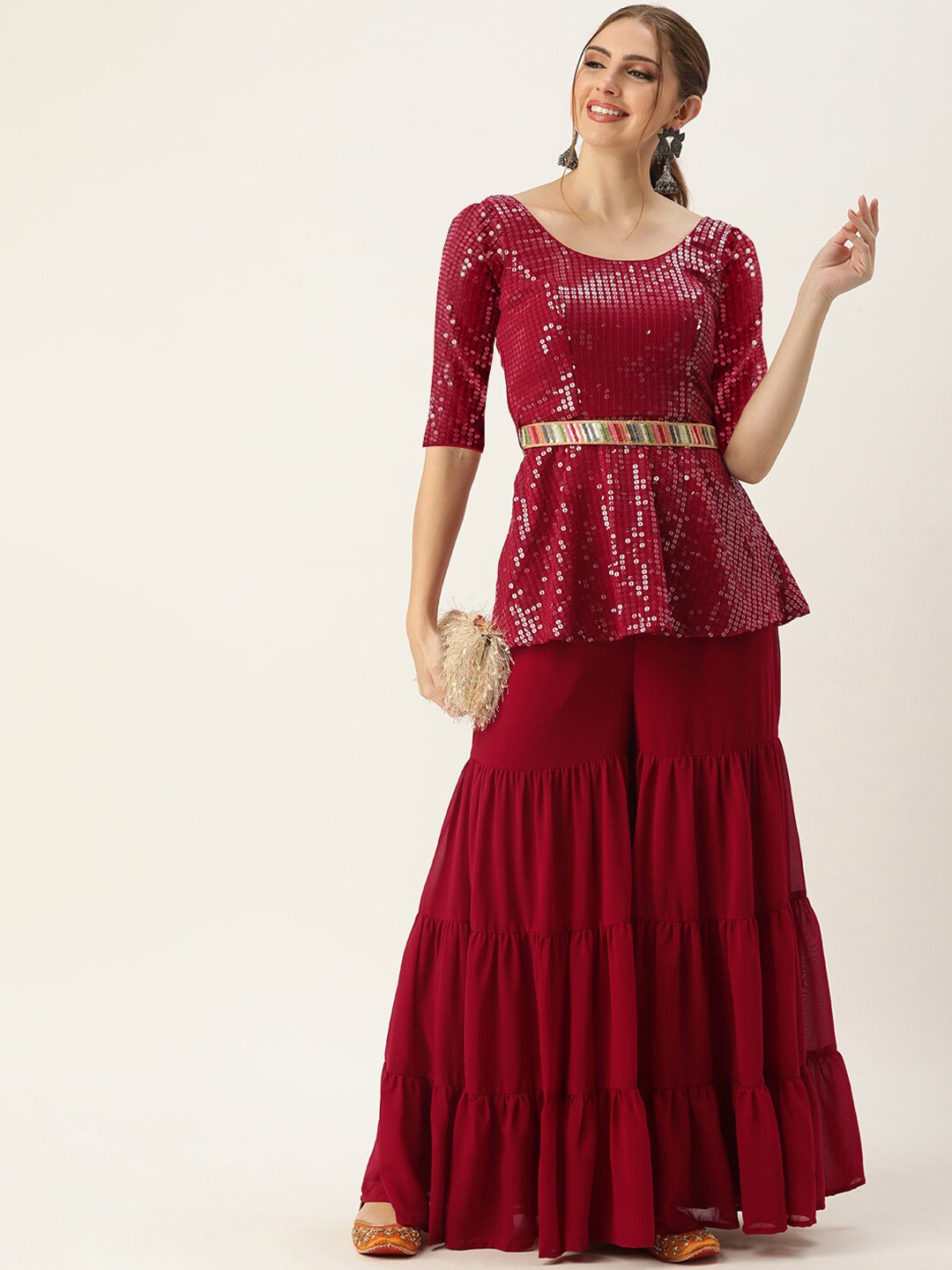 

Ethnovog Embellished A-Line Kurti With Sharara, Maroon