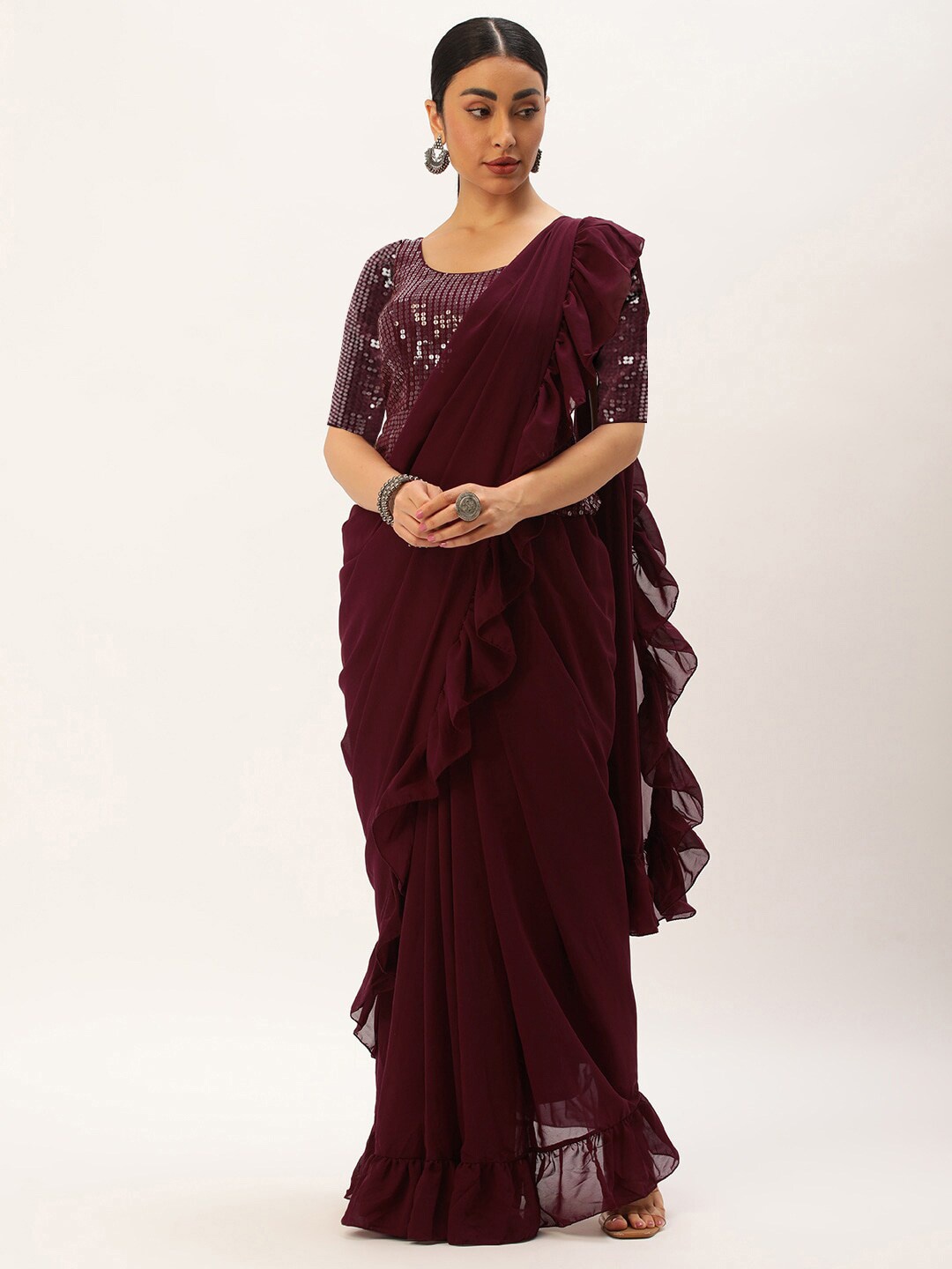 

Ethnovog Sequinned Ready to Wear Saree, Purple