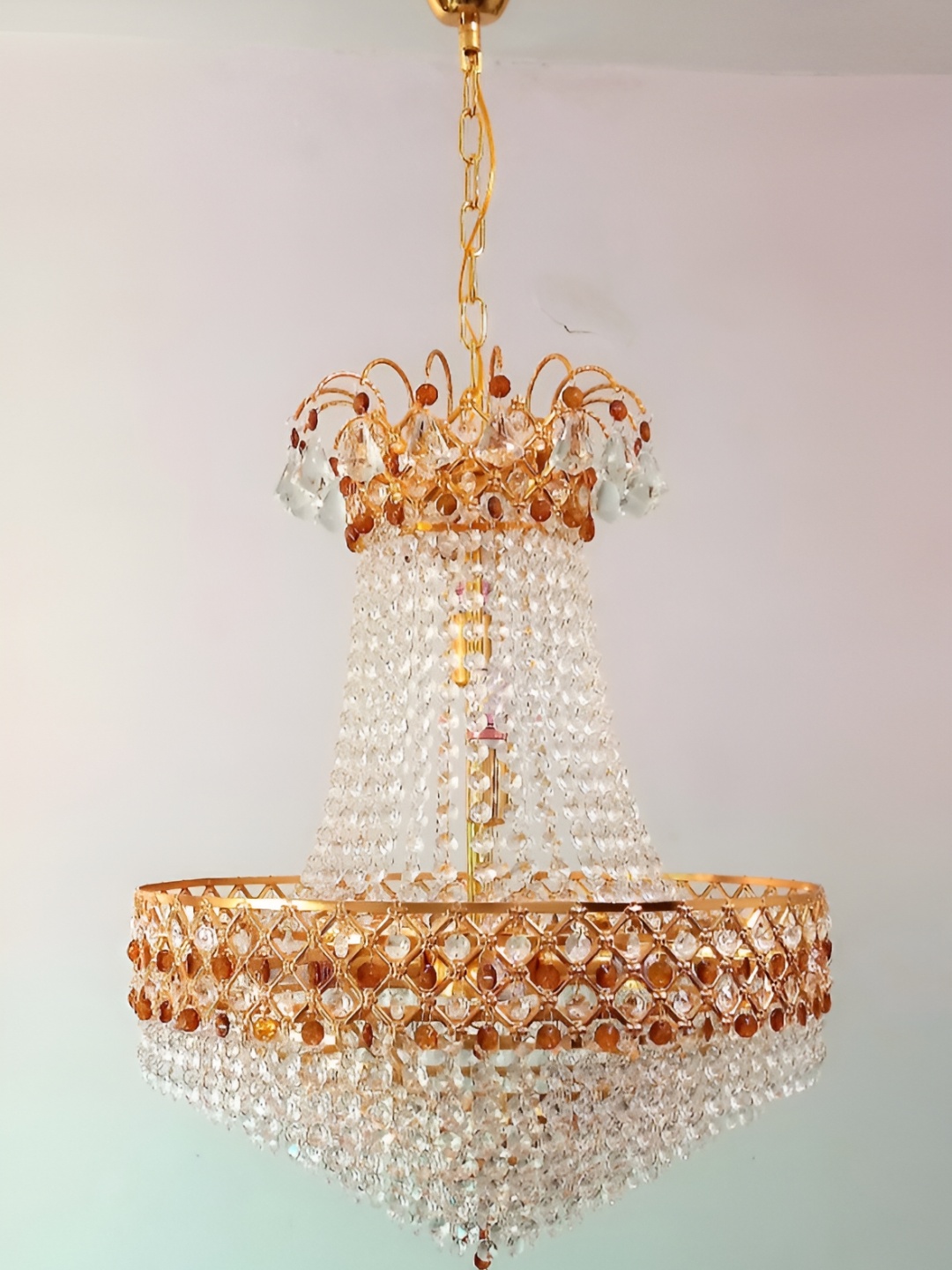 

SHRI MAHAL ANTIQUES White Crystal Jhumar Ceiling Lamp, Gold