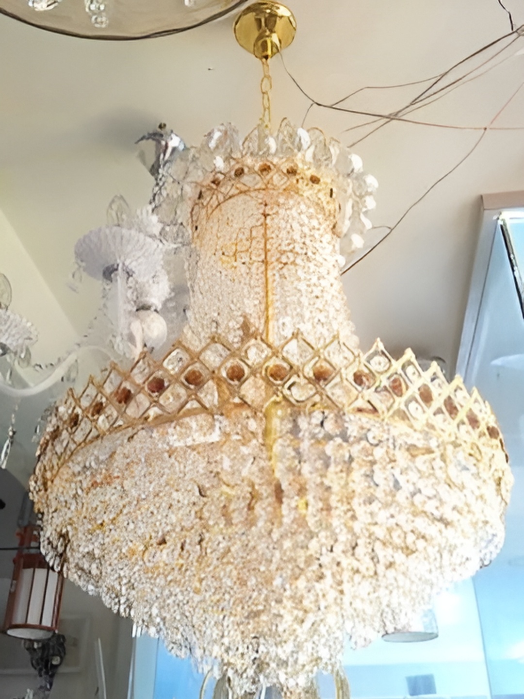 

SHRI MAHAL ANTIQUES White Crystal Jhumar Ceiling Lamp, Gold