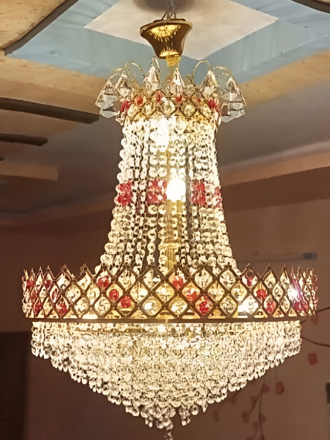 

SHRI MAHAL ANTIQUES Gold Toned Crystal Jhumar Ceiling Lamp