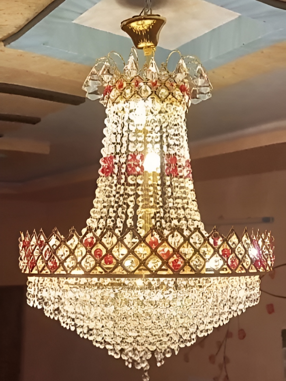 

SHRI MAHAL ANTIQUES Gold Toned Crystal Jhumar Ceiling Lamp
