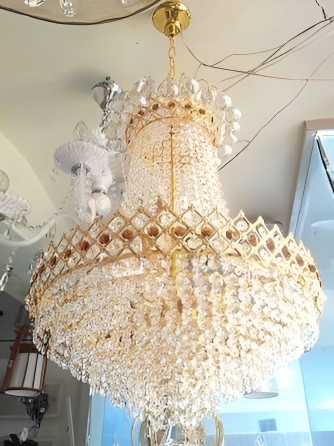 

SHRI MAHAL ANTIQUES White Crystal Jhumar Ceiling Lamp, Gold