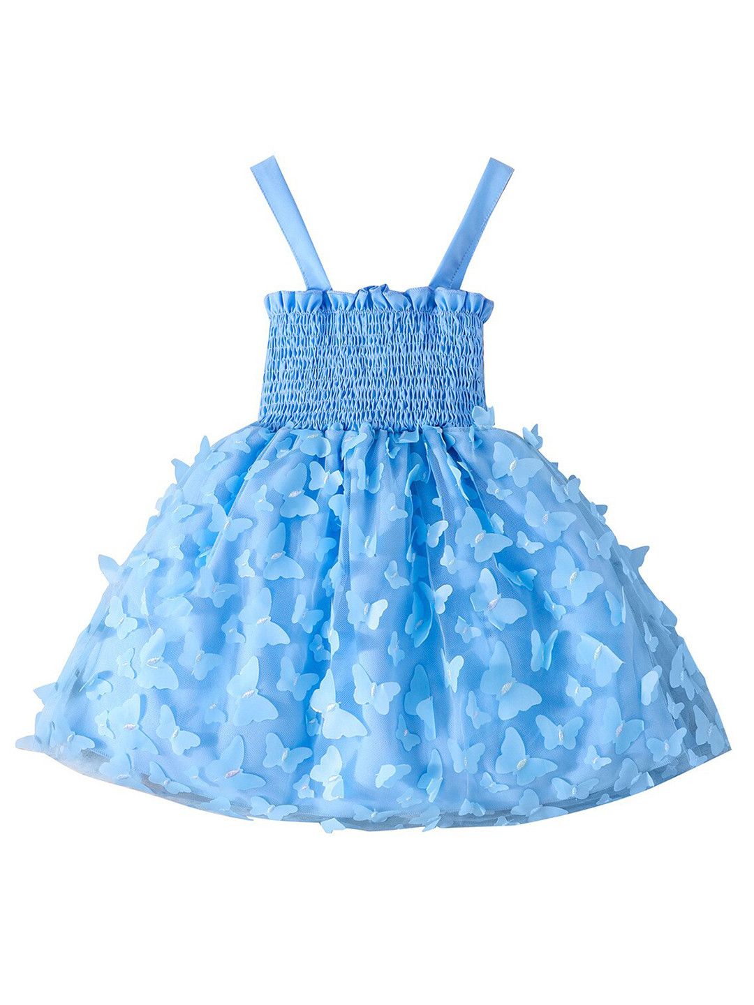 

StyleCast Girls Blue Self Design Shoulder Strap Smocked Applique Balloon Dress