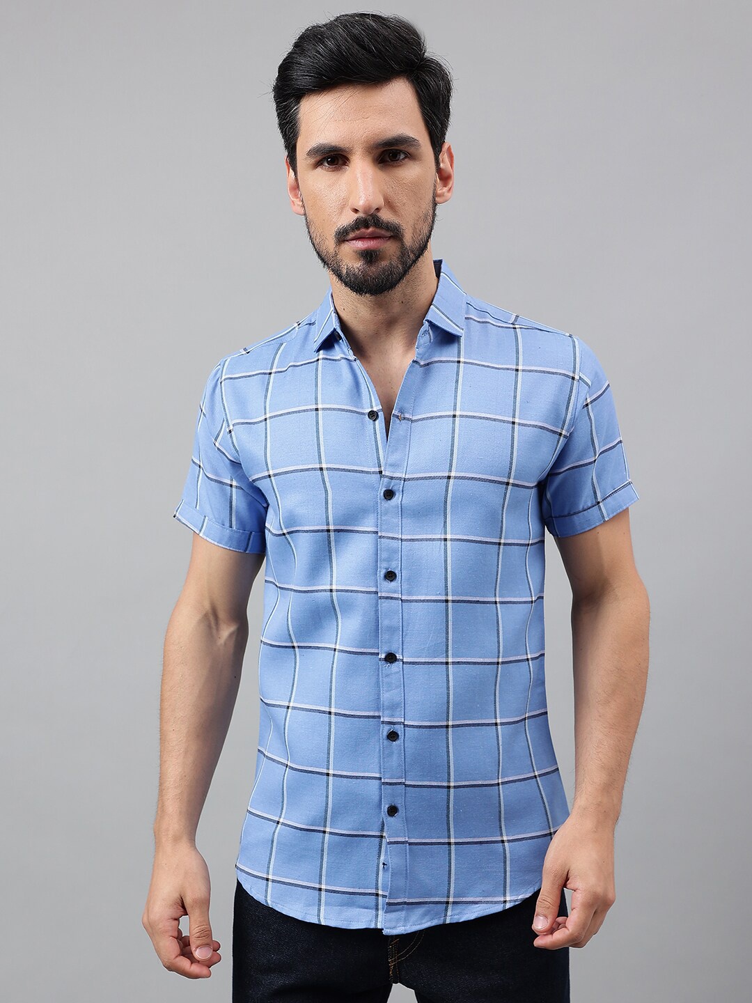 

Voroxy New Windowpane Checked Spread Collar Cotton Regular Fit Casual Shirt, Blue