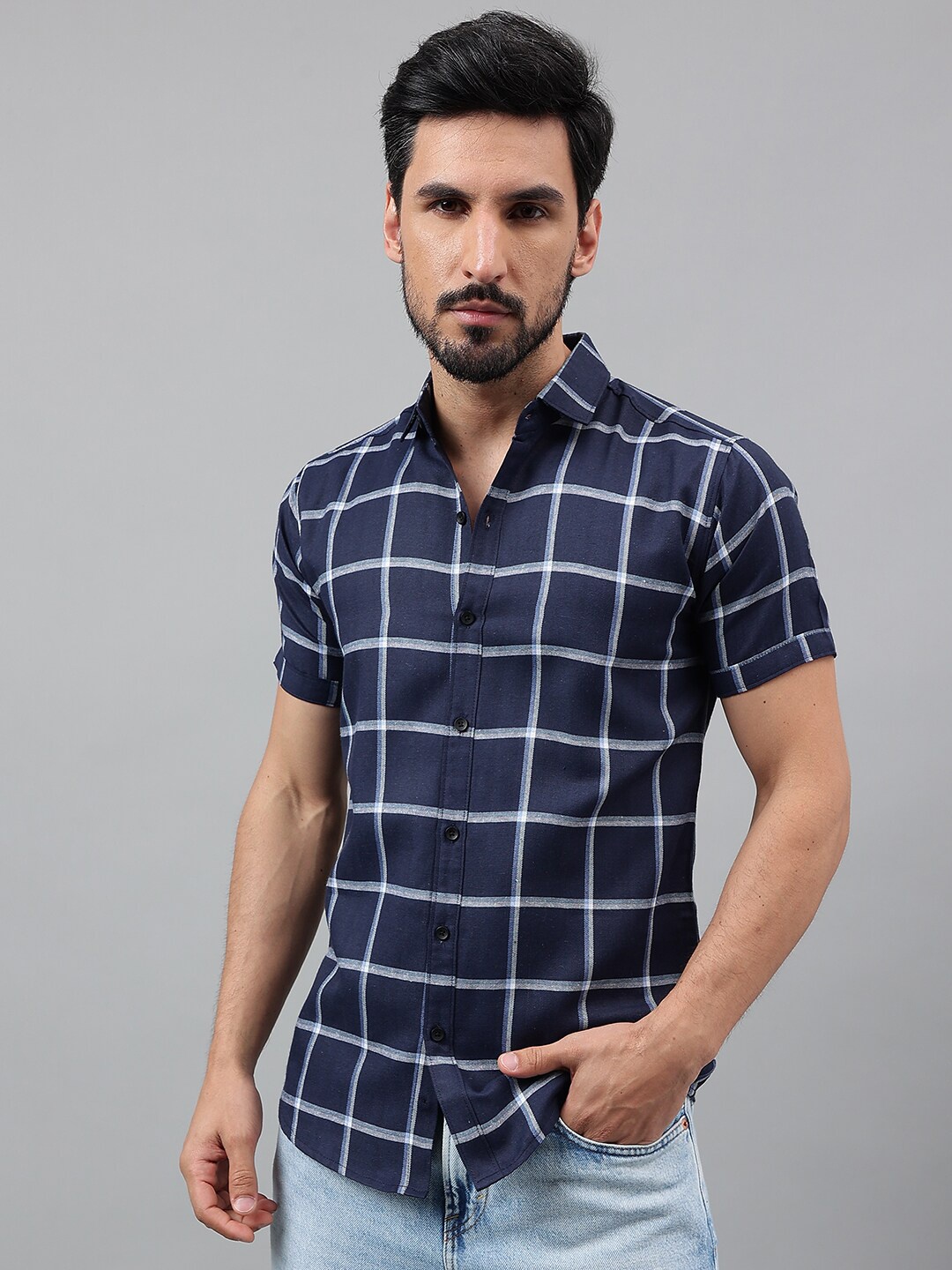 

Voroxy New Windowpane Checked Spread Collar Cotton Regular Fit Casual Shirt, Blue