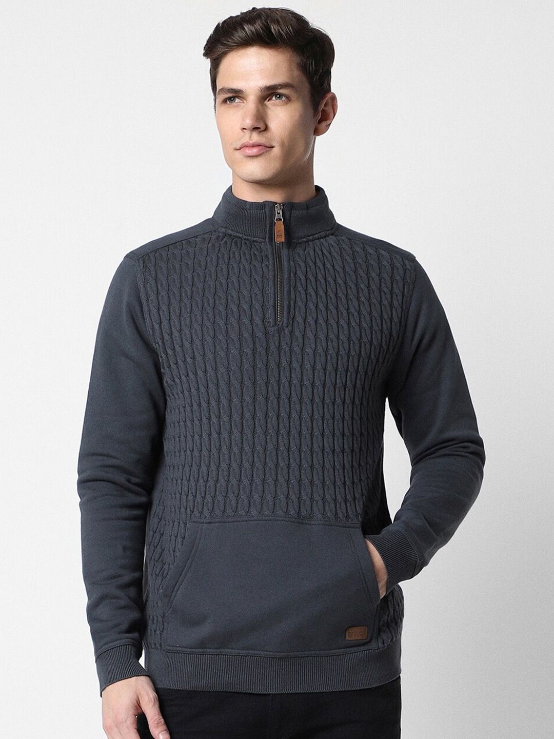 Peter England Casuals Ribbed Cotton Sweatshirt, Grey