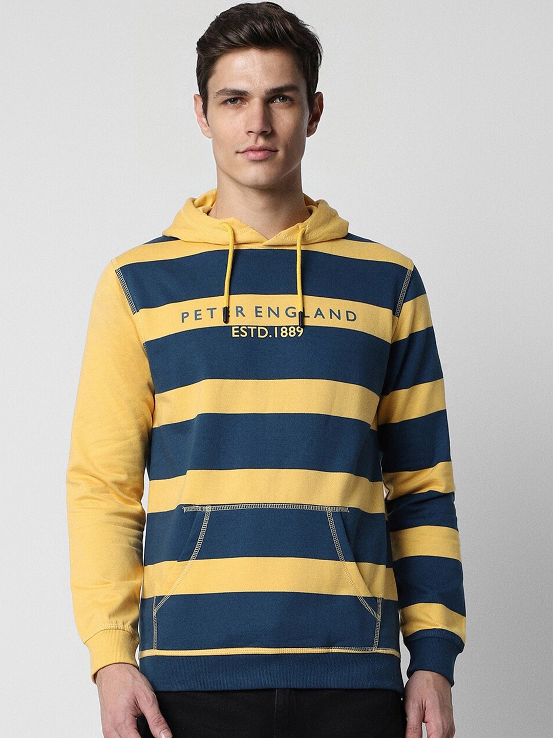 Peter England Casuals Striped Hooded Cotton Sweatshirt, Yellow