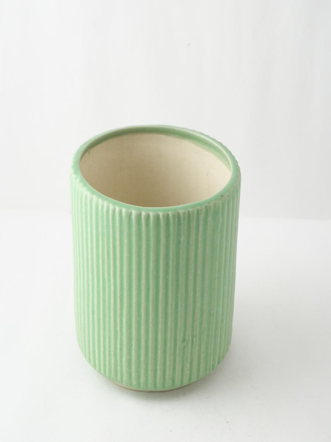 

The Decor Mart Green Striped Cylindrical Ceramic Vase