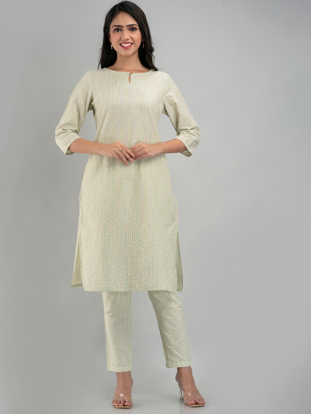 

BAESD Striped Short Sleeves Straight Kurta, Green