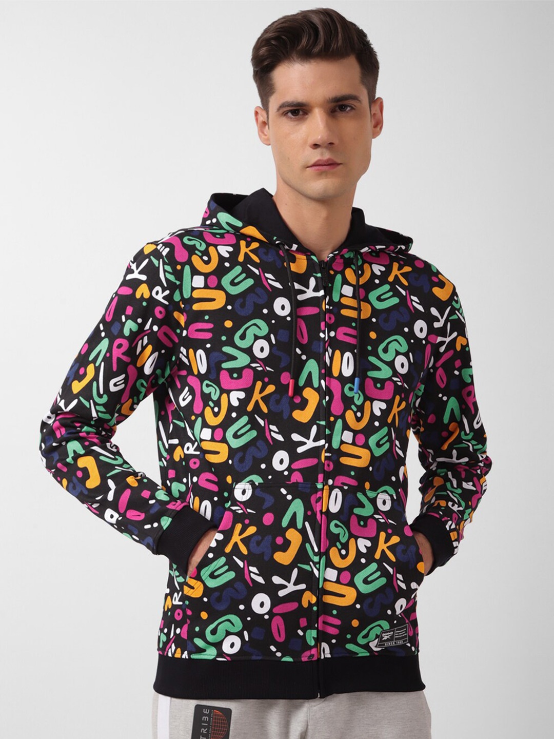 

Reebok Unisex Typography Printed Pure Cotton Front-Open Sweatshirt, Black