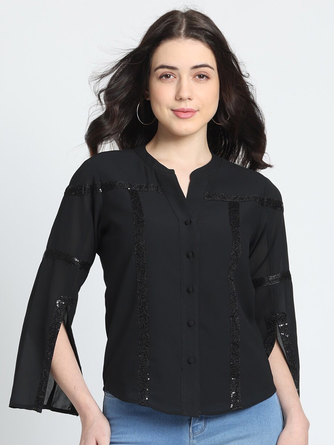 

SHAYE Embellished Slit Sleeves Sequinned Georgette Shirt Style Party Top, Black