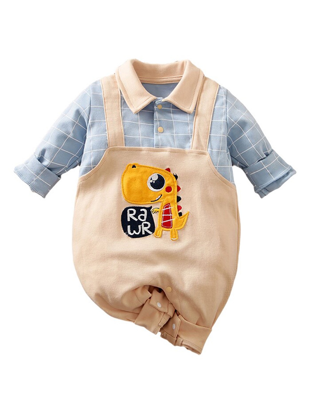

StyleCast Kids Blue & Beige Checked Applique Patch Pure Cotton Rompers