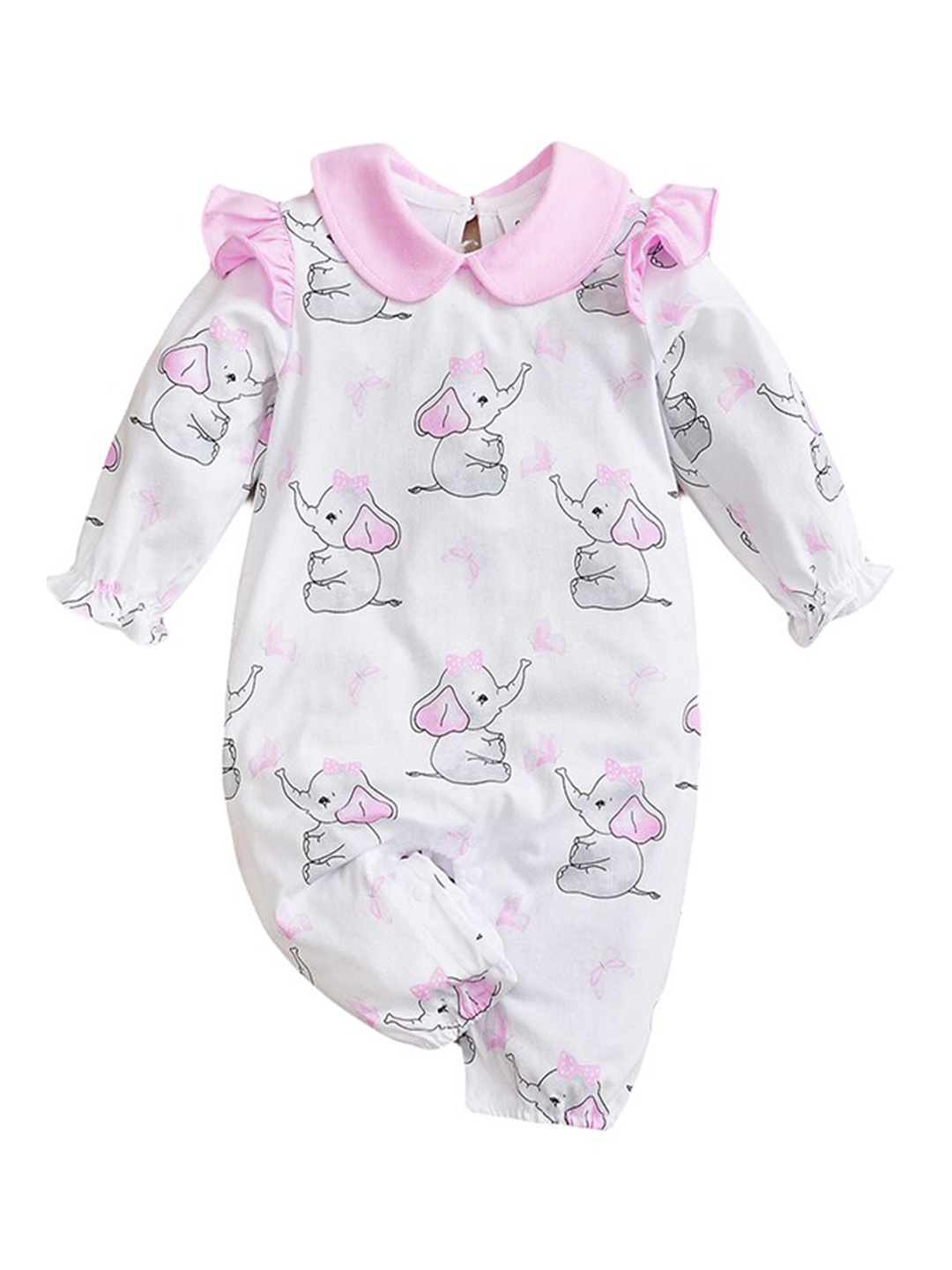 

StyleCast Infant Girls Pink Printed Peter Pan Collar Ruffled Cotton Rompers