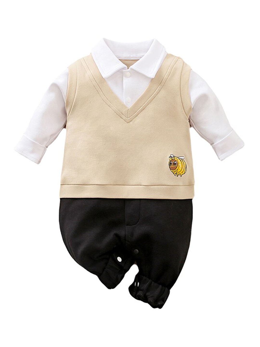 StyleCast Beige Infants Boys Cotton Rompers With Attached Waistcoat