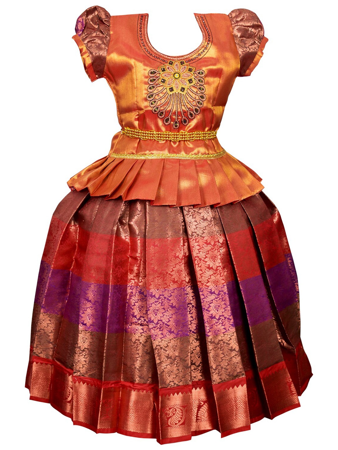 

AMIRTHA FASHION Infant Girls Embroidered Puffed Sleeves Ready to Wear Lehenga & Blouse, Red
