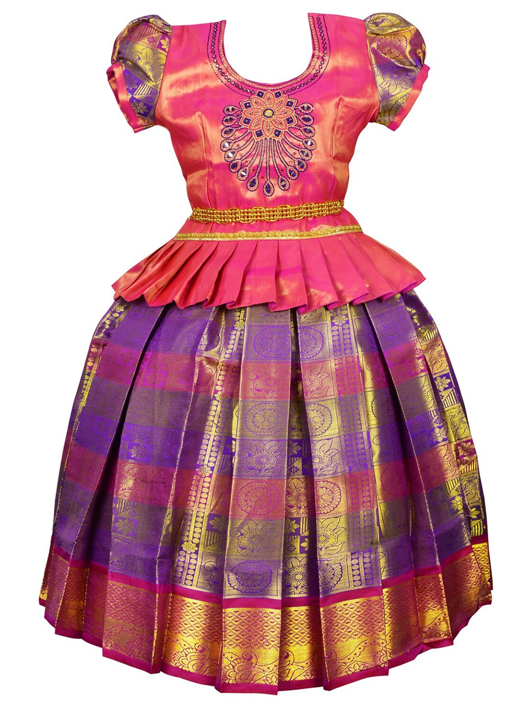 

AMIRTHA FASHION Girls Embroidered Art SilkThread Work Ready to Wear Lehenga, Pink