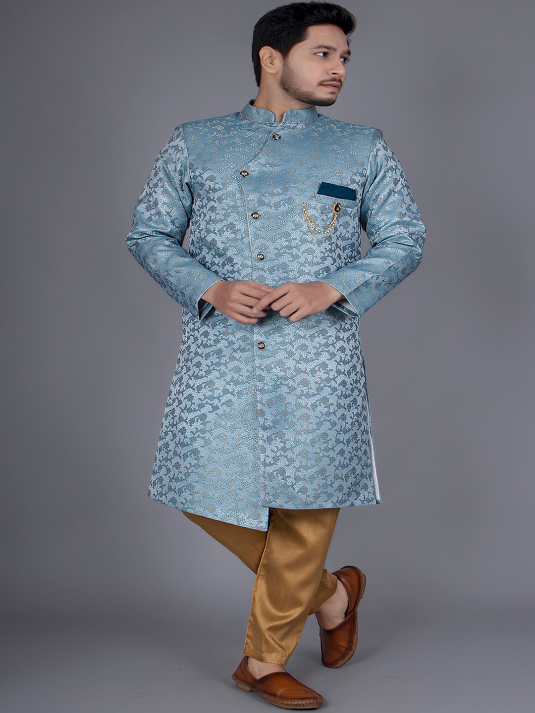 

amzira Self Design Cotton Sherwani Set, Blue