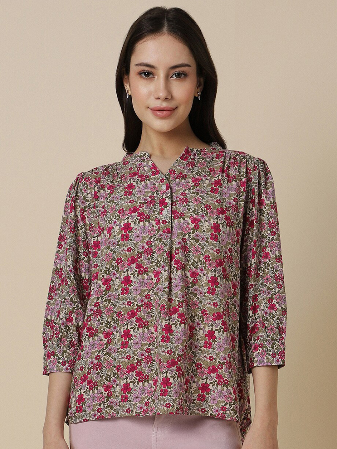 

Allen Solly Woman Floral Print Mandarin Collar Cuffed Sleeves Top, Green