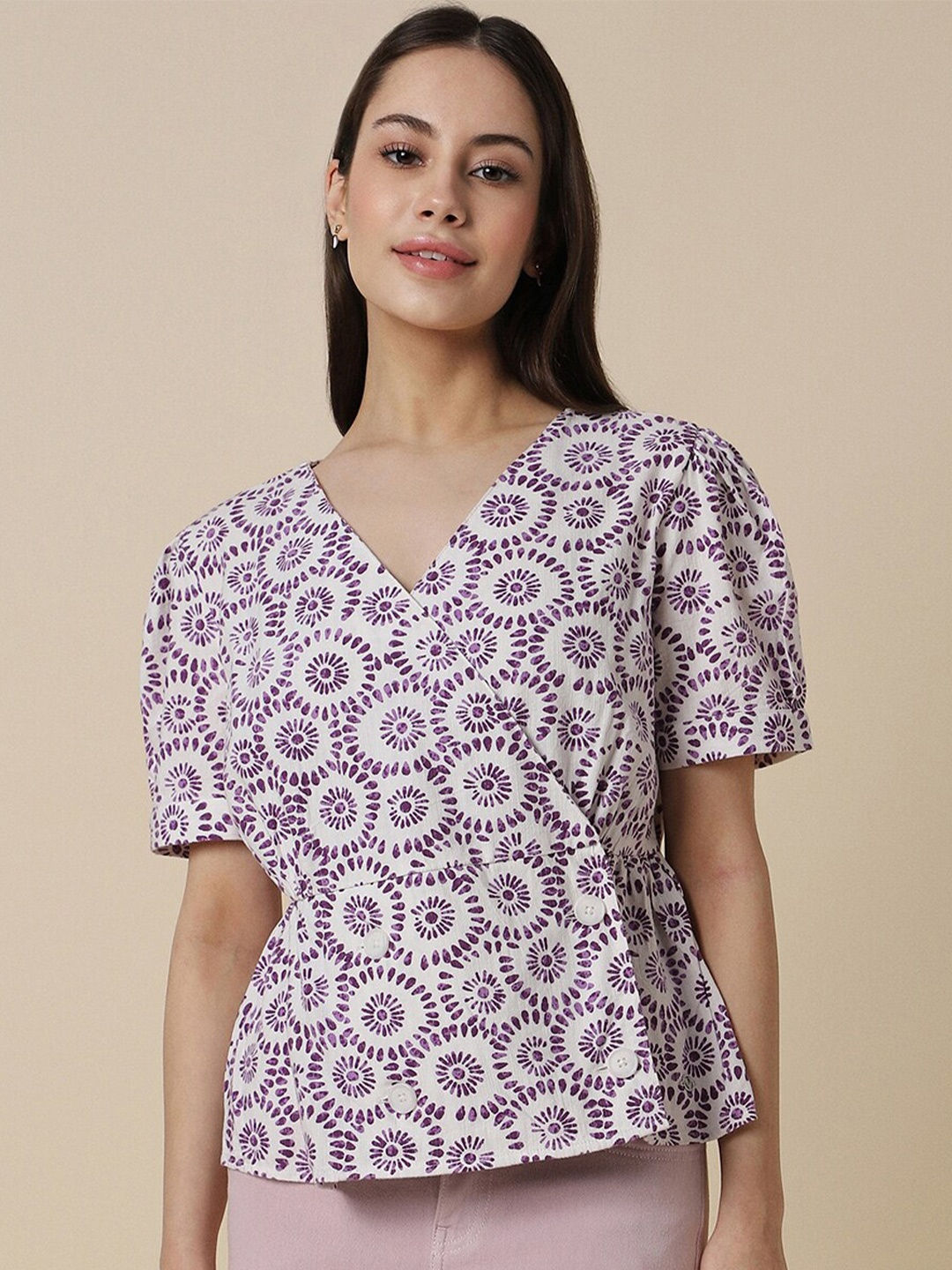 Allen Solly Woman Floral Printed Cotton Wrap Top, White