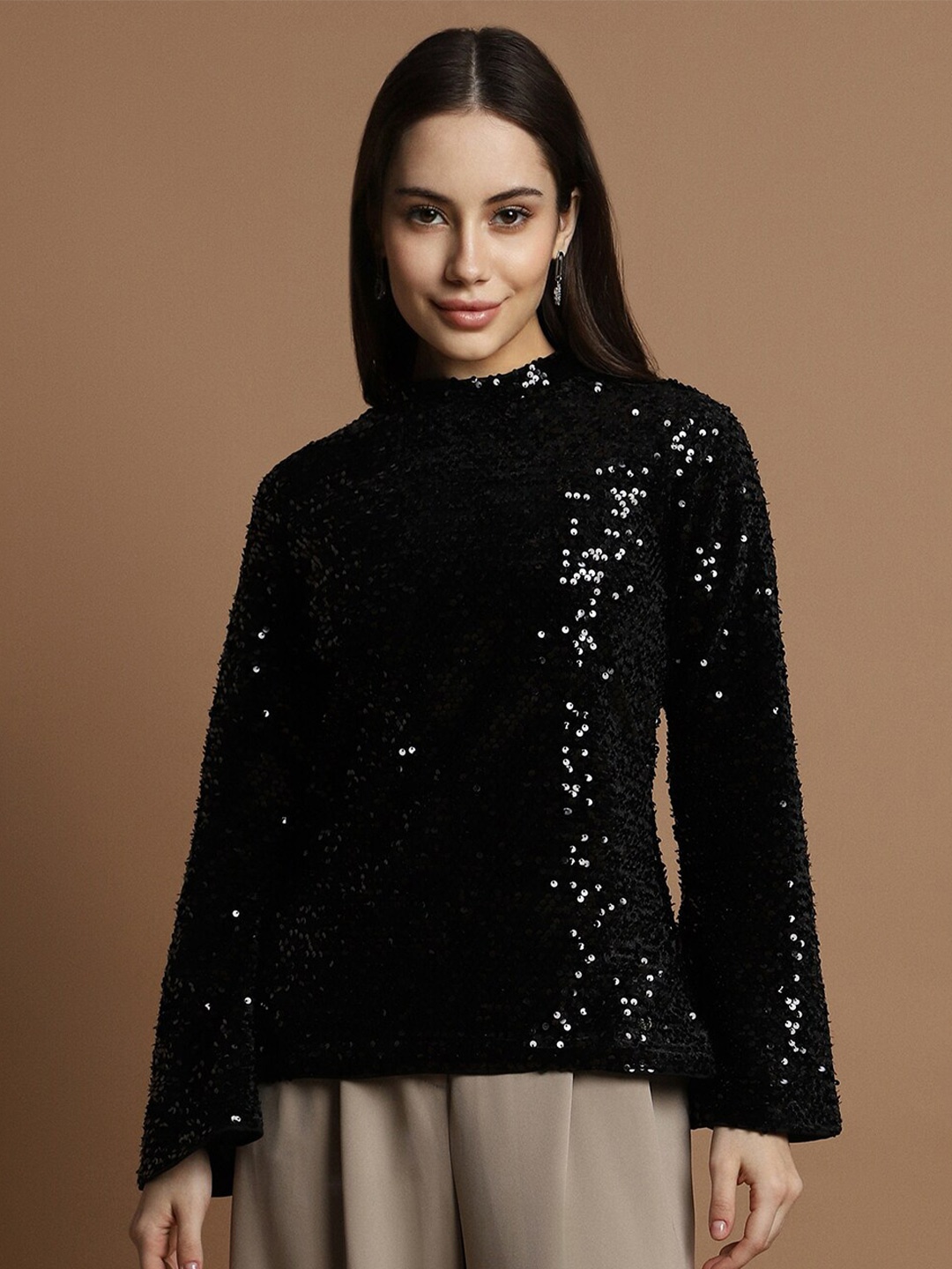 

Allen Solly Woman Embellished High Neck Long Sleeves Top, Black