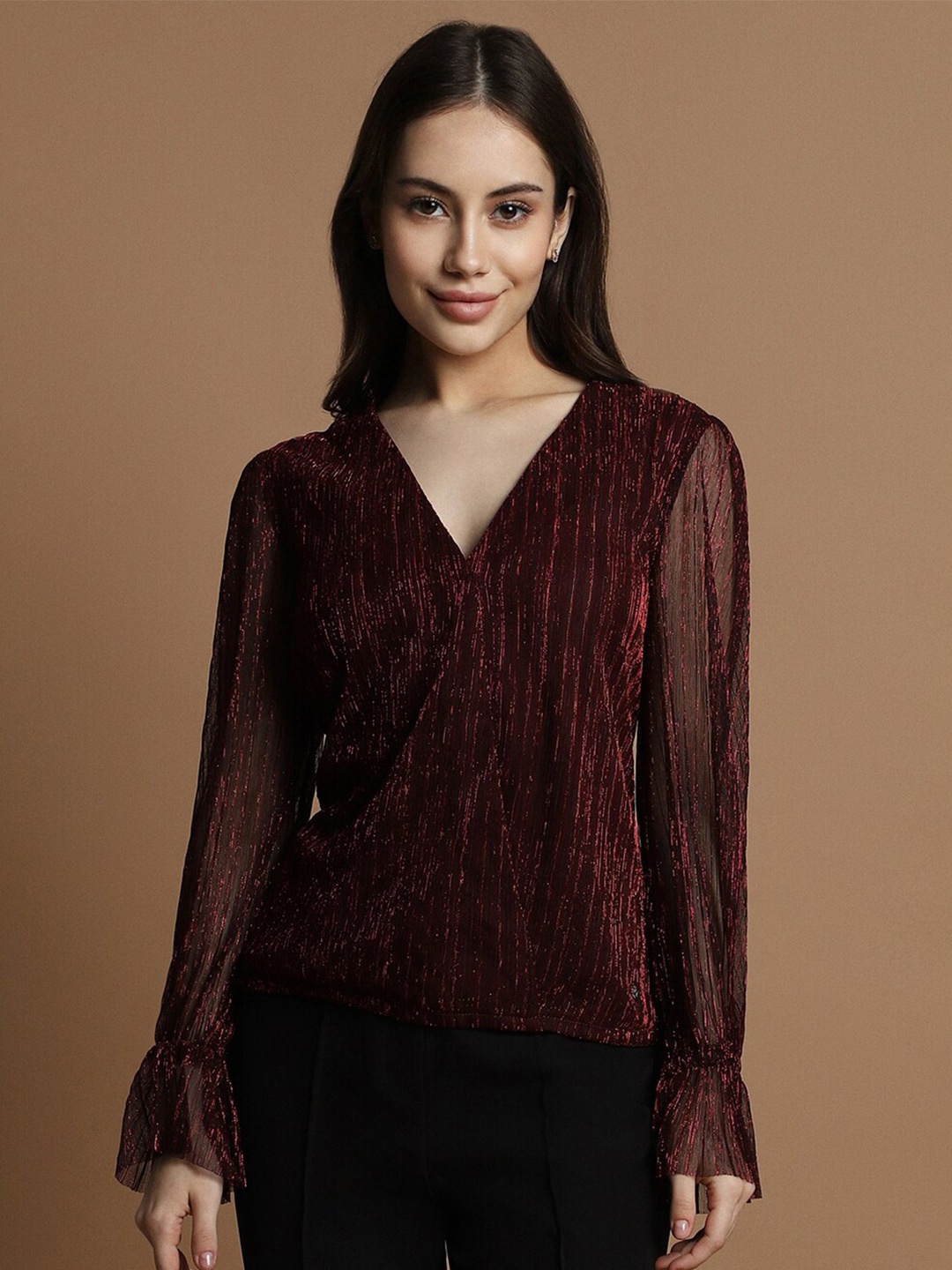 

Allen Solly Woman Embellished V-Neck Cuffed Sleeves Regular Top, Maroon