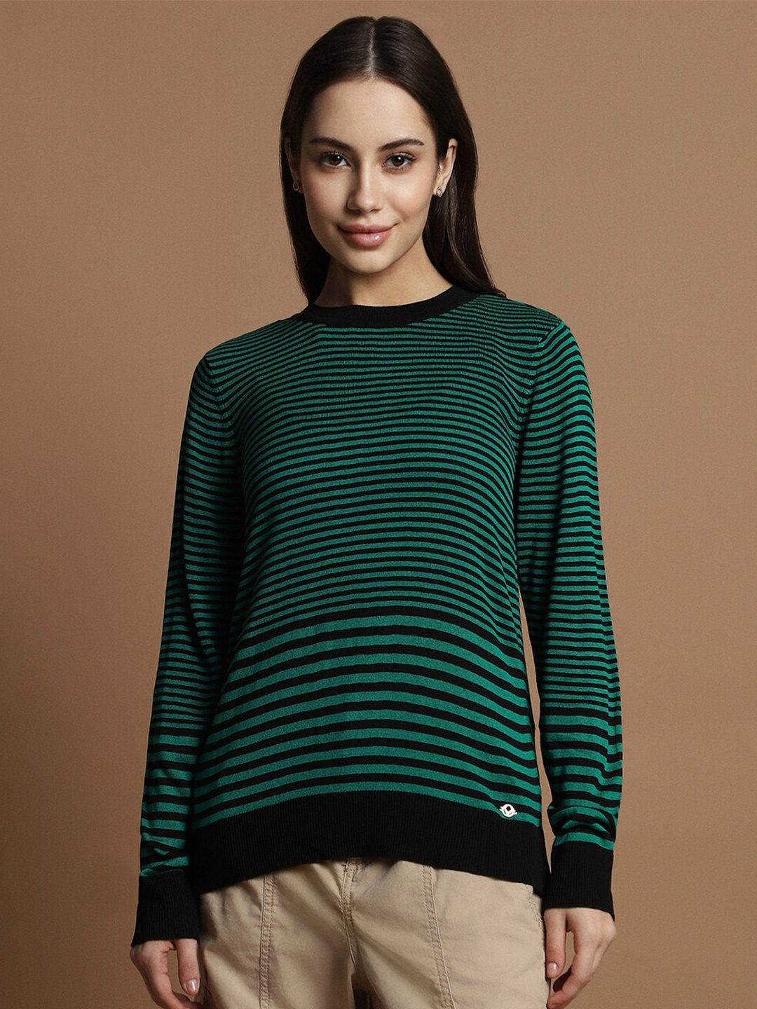 Allen Solly Woman Horizontal Striped Knitted Top, Green