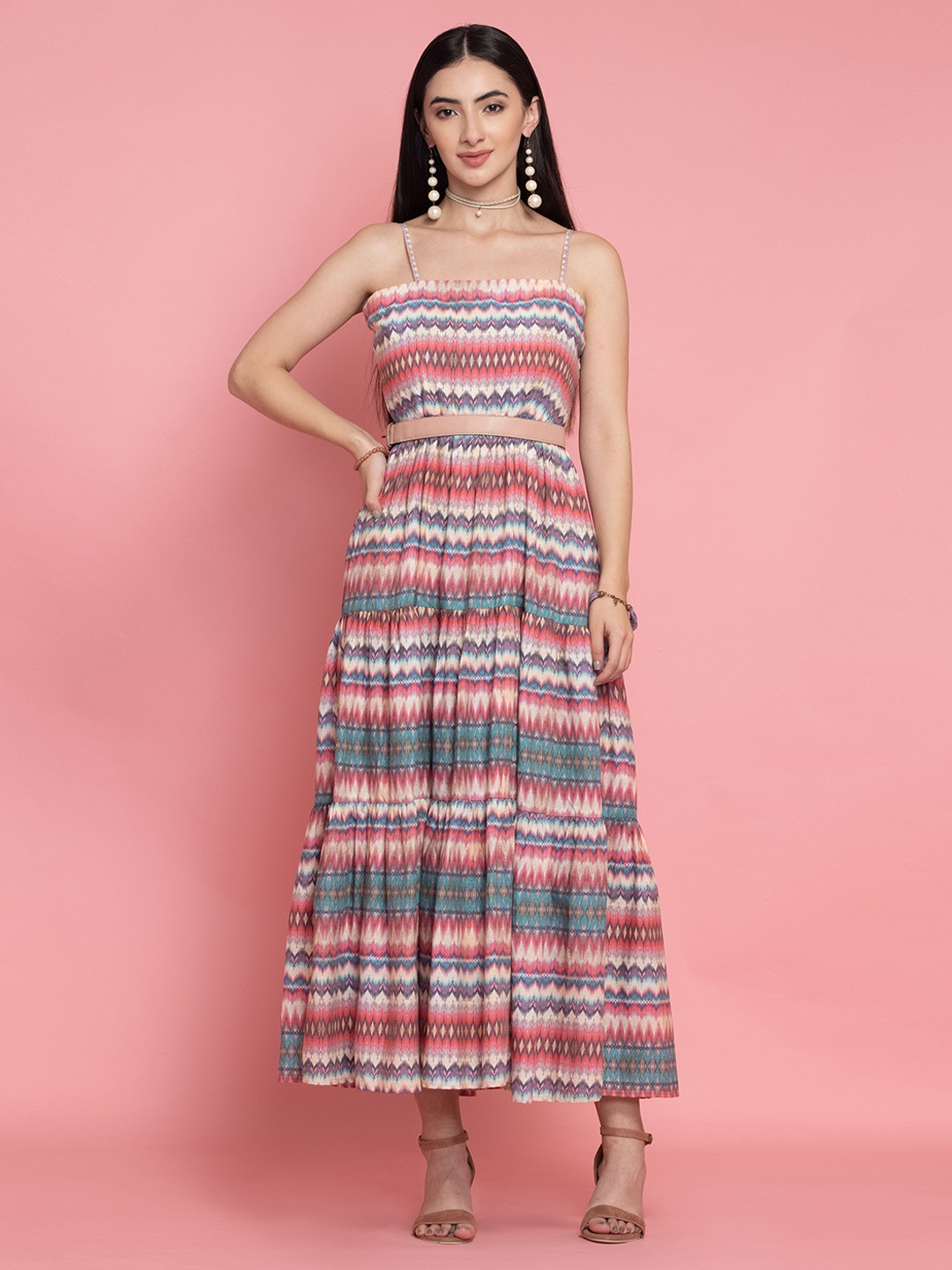 

OCTICS Ethnic Motifs Printed Shoulder Straps Fit & Flare Dress, Blue