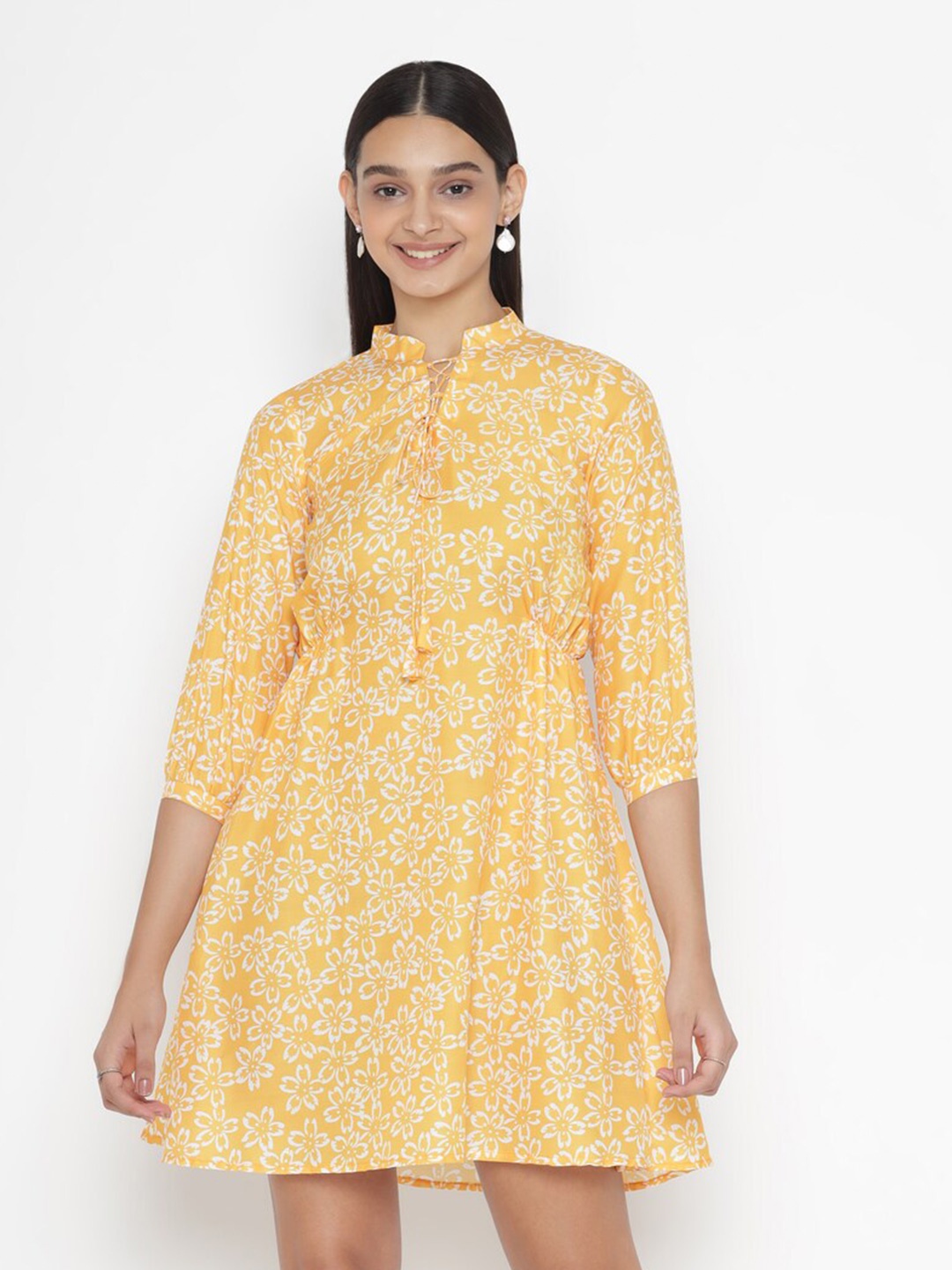 

OCTICS Floral Printed A-Line Cotton Midi Dress, Yellow