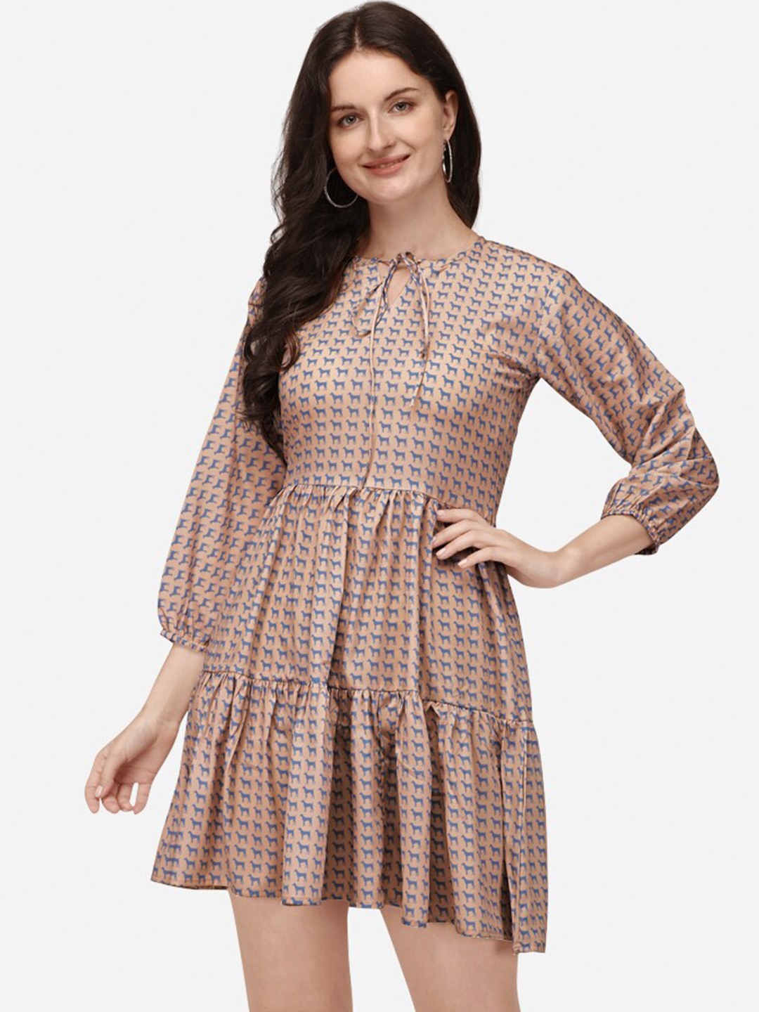 

OCTICS Conversational Printed Tie-Up Neck Cotton Fit and Flare Dress, Beige