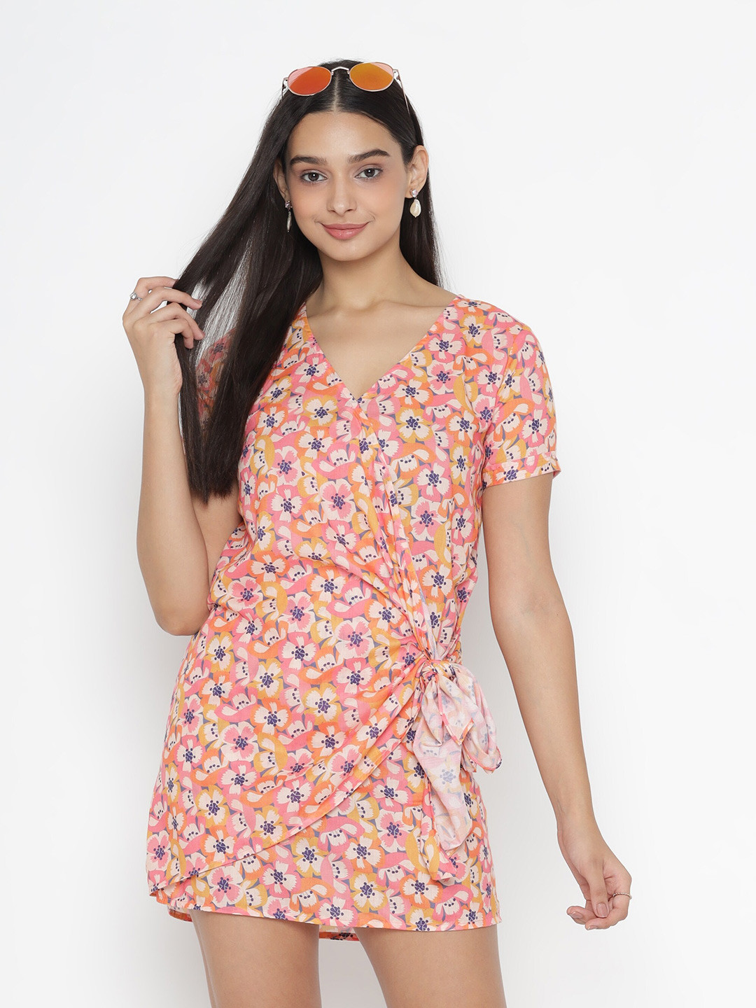 

OCTICS Floral Printed V-Neck A-Line Cotton Mini Dress, Yellow