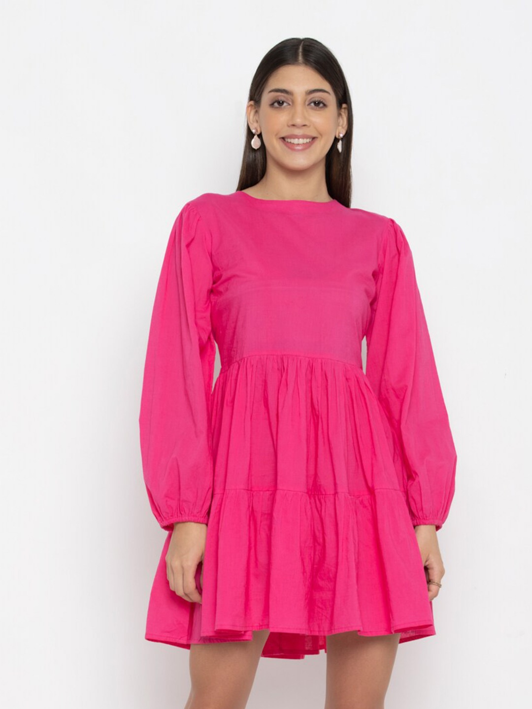 

OCTICS Round Neck Puff Sleeve Gathered Tiered Fit & Flare Dress, Pink