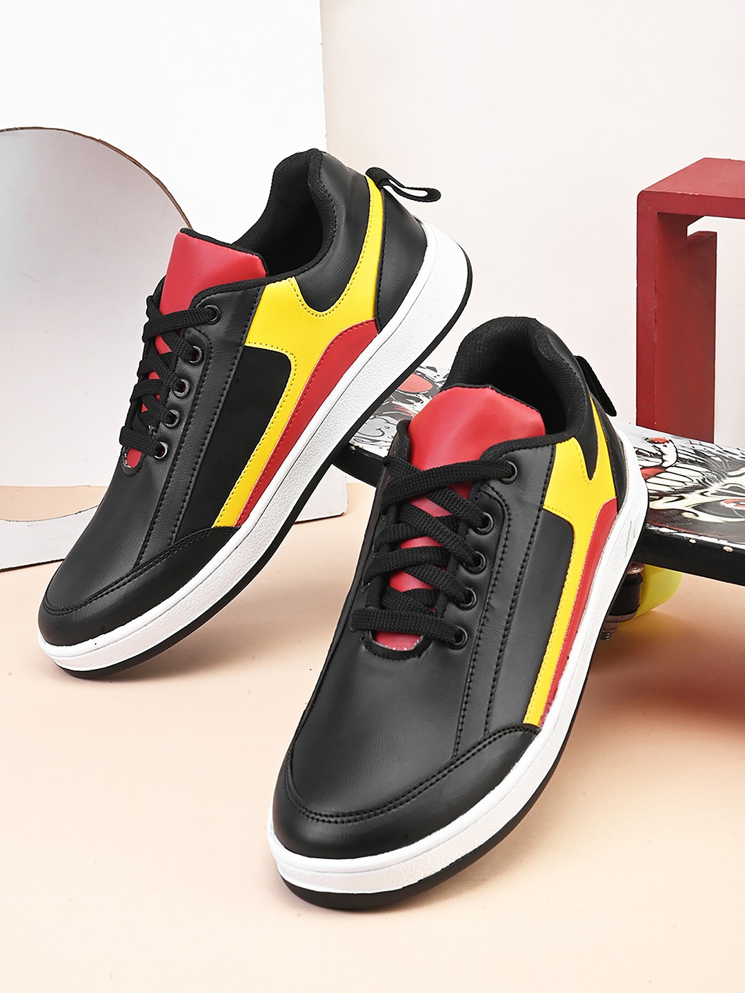 

Mast & Harbour Men Black & Yellow Colourblocked Antibacterial Sneakers