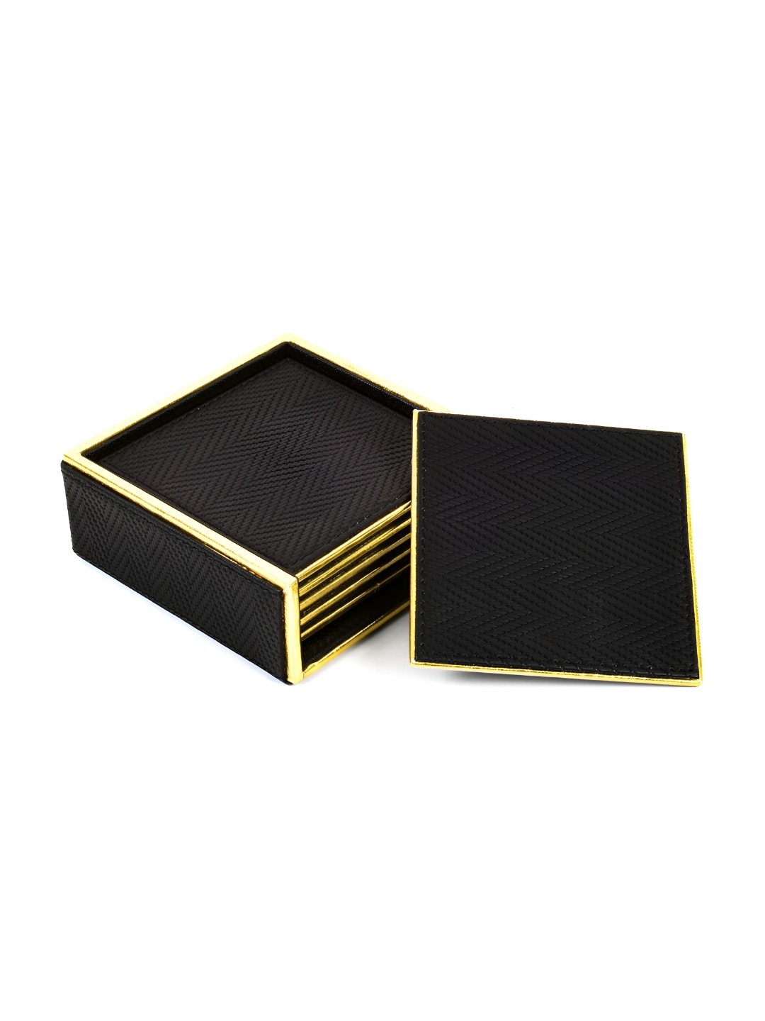 

ICHKAN Black & Gold Toned 6Pcs Square Textured Leather Coasters