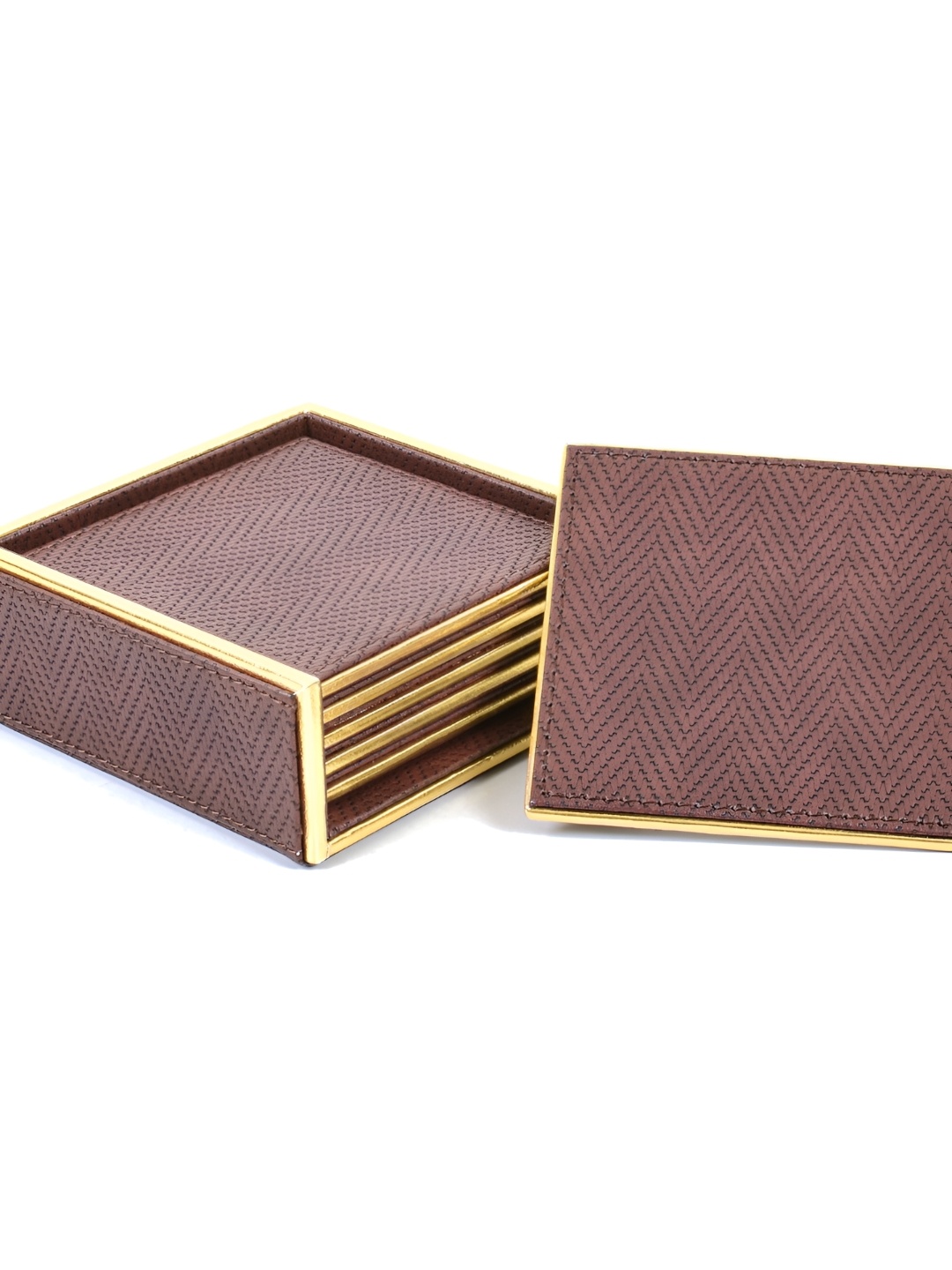 

ICHKAN Brown & Gold Toned 6Pcs Square Textured Leather Coasters
